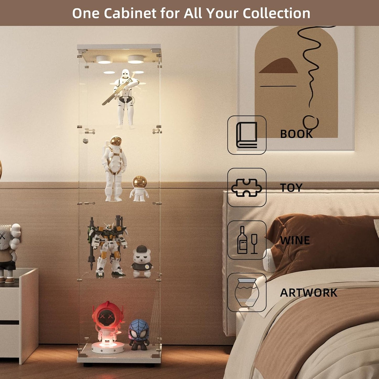 Beauty4U Glass Display Cabinet with LED Light, 4 Shelves, Curio Cabinets for Living Room, Bedroom, Office, White Floor Standing Glass Bookshelf, Quick Installation