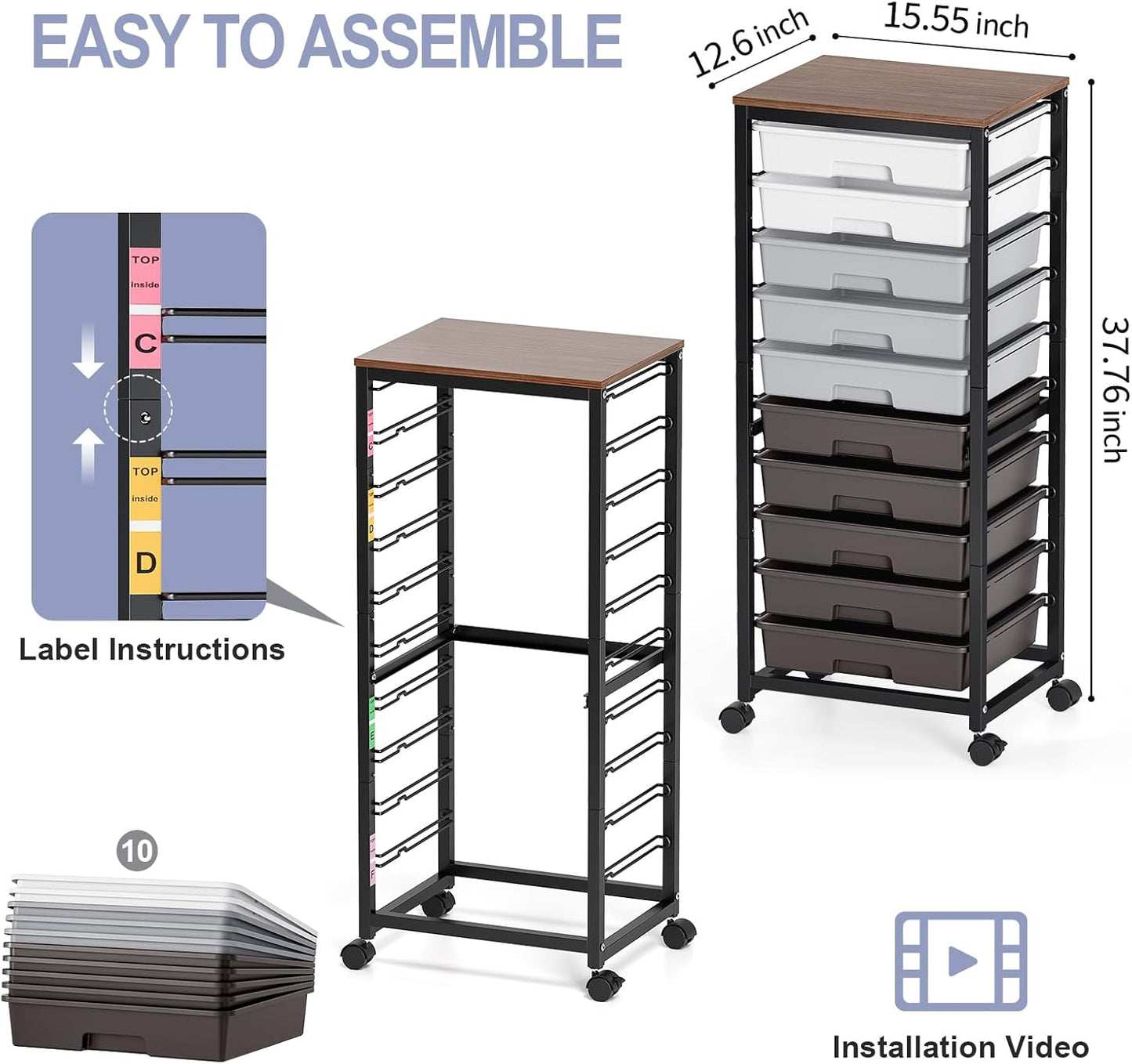 Rolling Cart with Drawers,10 Drawer Rolling Cart,Storage Cart,Utility Cart,Teacher Cart for Classroom Storage,Craft Cart with Wheels and Wooden Tabletop,Grey