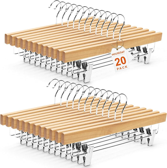 HOUSE DAY Wooden Pants Hangers with Clips, Solid Lotus Deluxe Wood Skirt Hangers, Heavy Duty & Anti-Rust Hook for Wrinkle-Free Slacks, Skirts, Jeans, Space Saving for Closet 20 Pack (Natural)