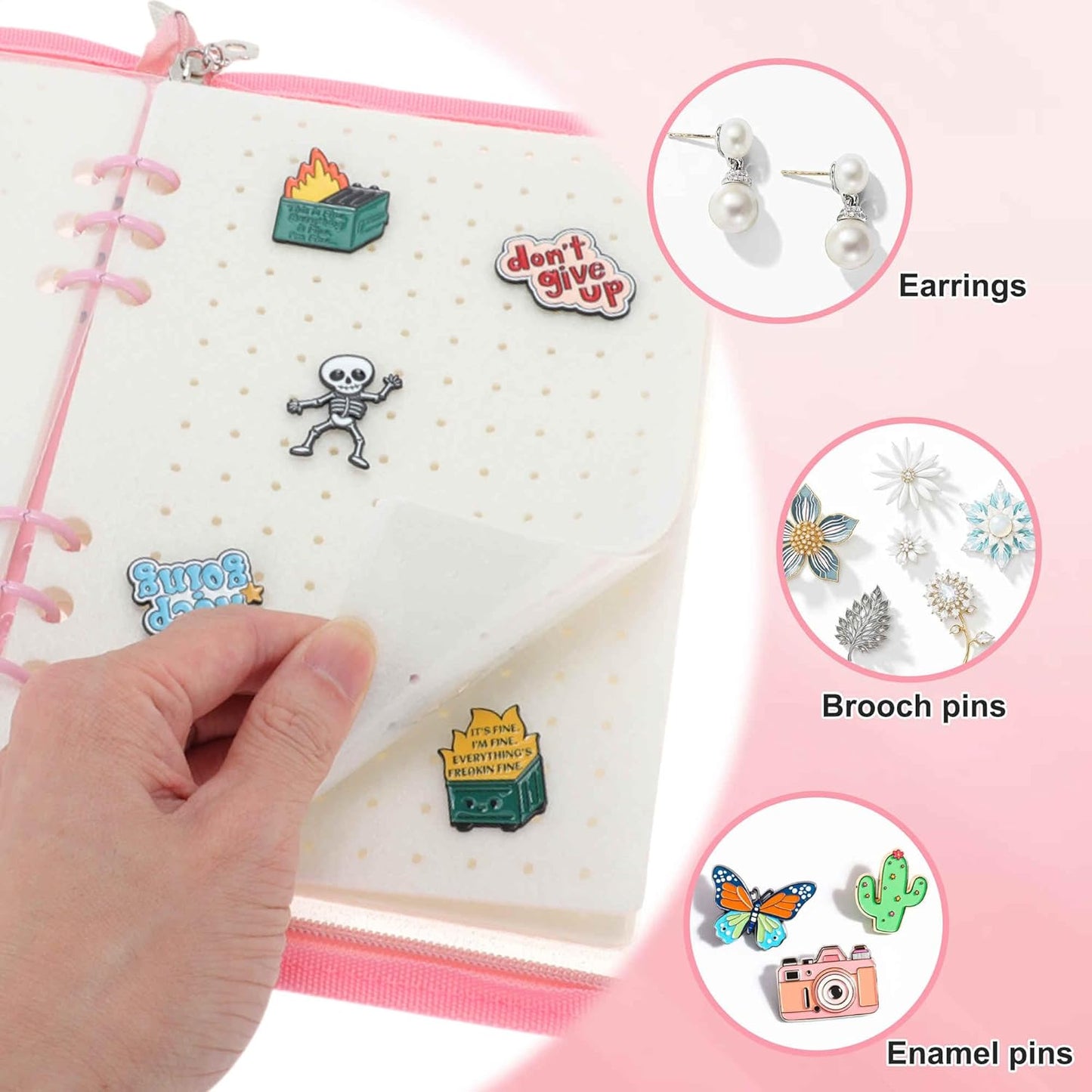 CAPASTEC Pin Bag, Portable Pin Display Book, Ideal for Pins, Brooches Storage, Pink White