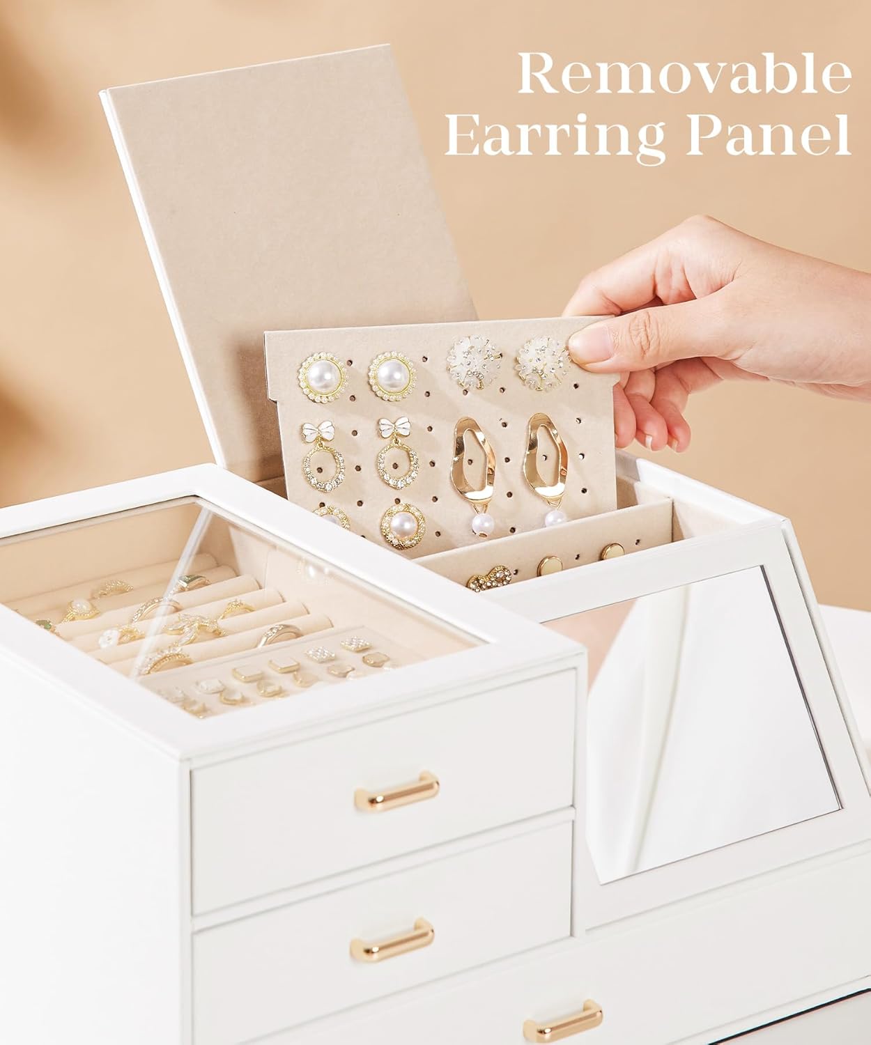 Homde Women Mirror Jewelry Box: Organizer Case with Clear Lid for Ring Necklace Earring - Christmas Gift for Young Women (White)