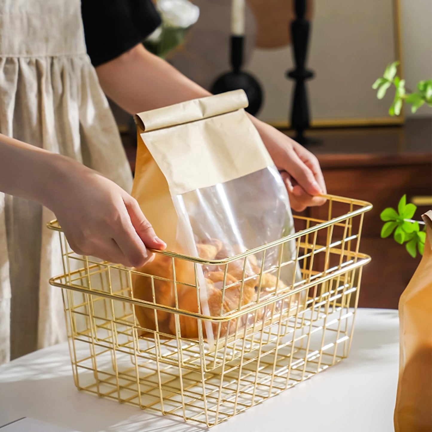 4 Pack Gold Wire Baskets for Organizing Office Wire Storage Basket Gold Metal Storage Baskets for Kitchen Cabinets, Bathroom, Countertop