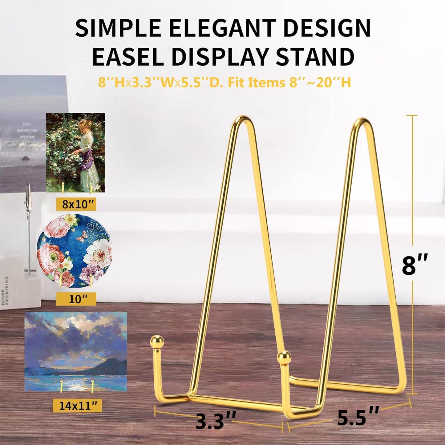 3 Pack 8 Inch Plate Stands for Display, Plate Holder Display Stand, Picture Frame Stand Black Metal Frame Holder Stands for Book,Small Easel,Decorative Plate,Photo and Platter,Tabletop Art-gold