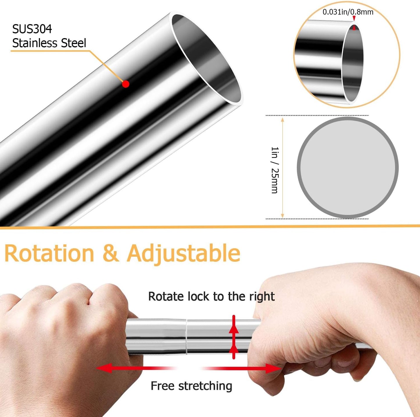 Stretchable 304 Stainless L Shaped Bathroom Bathtub Corner Shower Curtain Rod Rack, Drill Free Install, for Bathroom, Clothing Store, Private space(24"-53" x 24"-53", Maximum size 69'')