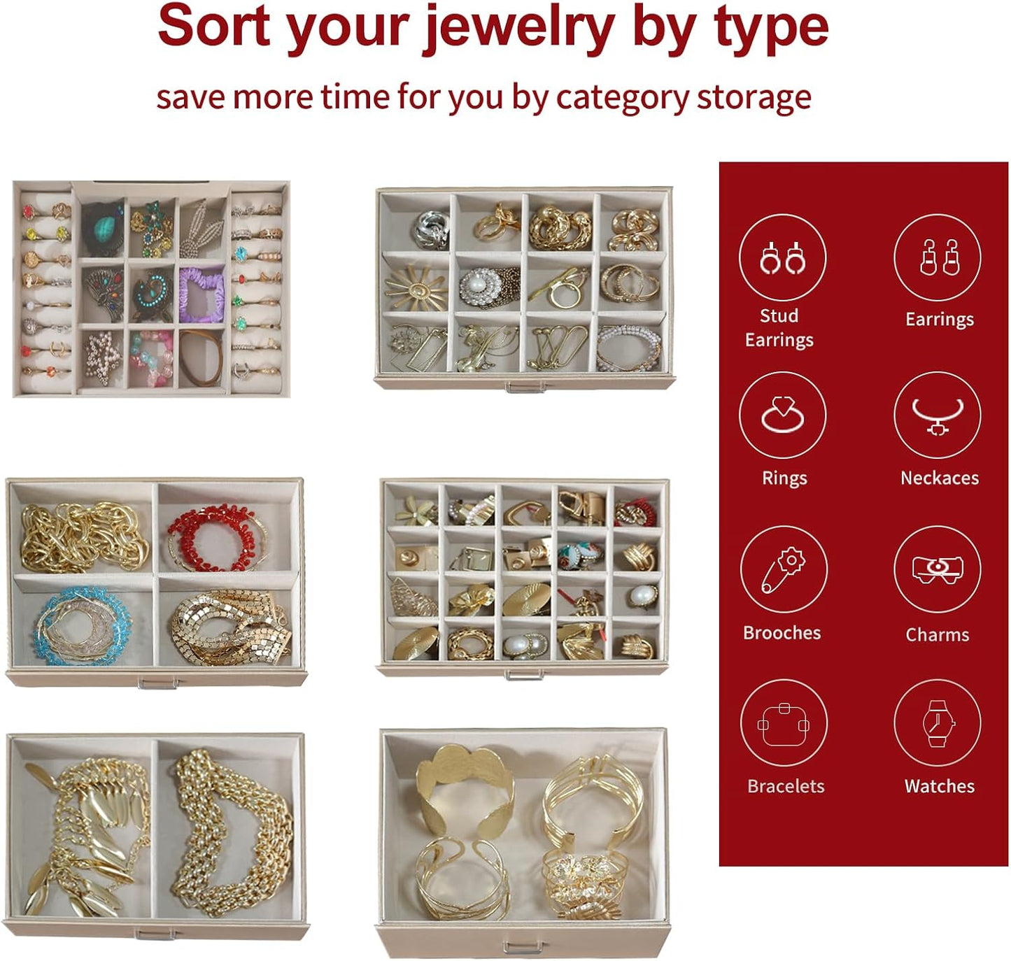 BOOVO Jewelry Box For women, 6 Layer Large Jewelry Organizer With Mirror, Multi-Function Storage Box With Lock, Accessory Holder With 5 Drawers, For Earrings Necklace Ring Bracelet (Pale gold)