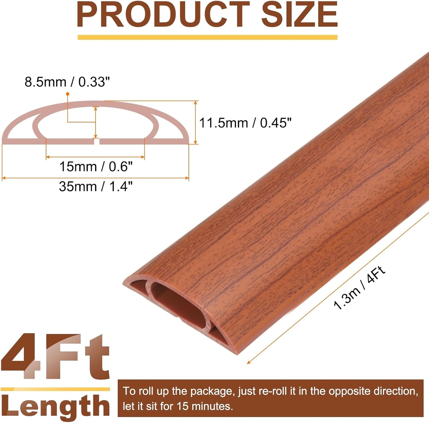 HARFINGTON 4ft Cord Cover Floor W0.6 x H0.33 Inner Channel PVC Hide Extension Cable Floor Wire Hider Wire Covers Protector for Prevent Cable Trips Cables Management, Wood Brown