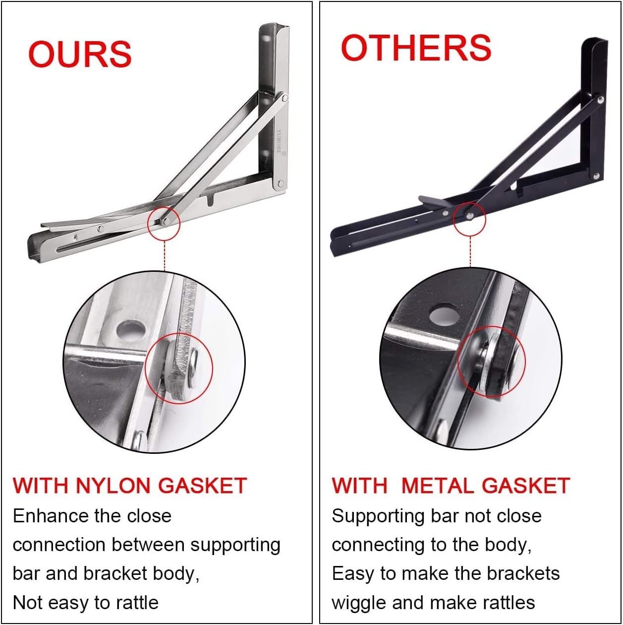 YUMORE Folding Shelf Brackets 8", Max Load: 300lb Heavy Duty Stainless Steel Collapsible Shelf Bracket for Table Work Bench, Space Saving DIY Bracket, Pack of 2