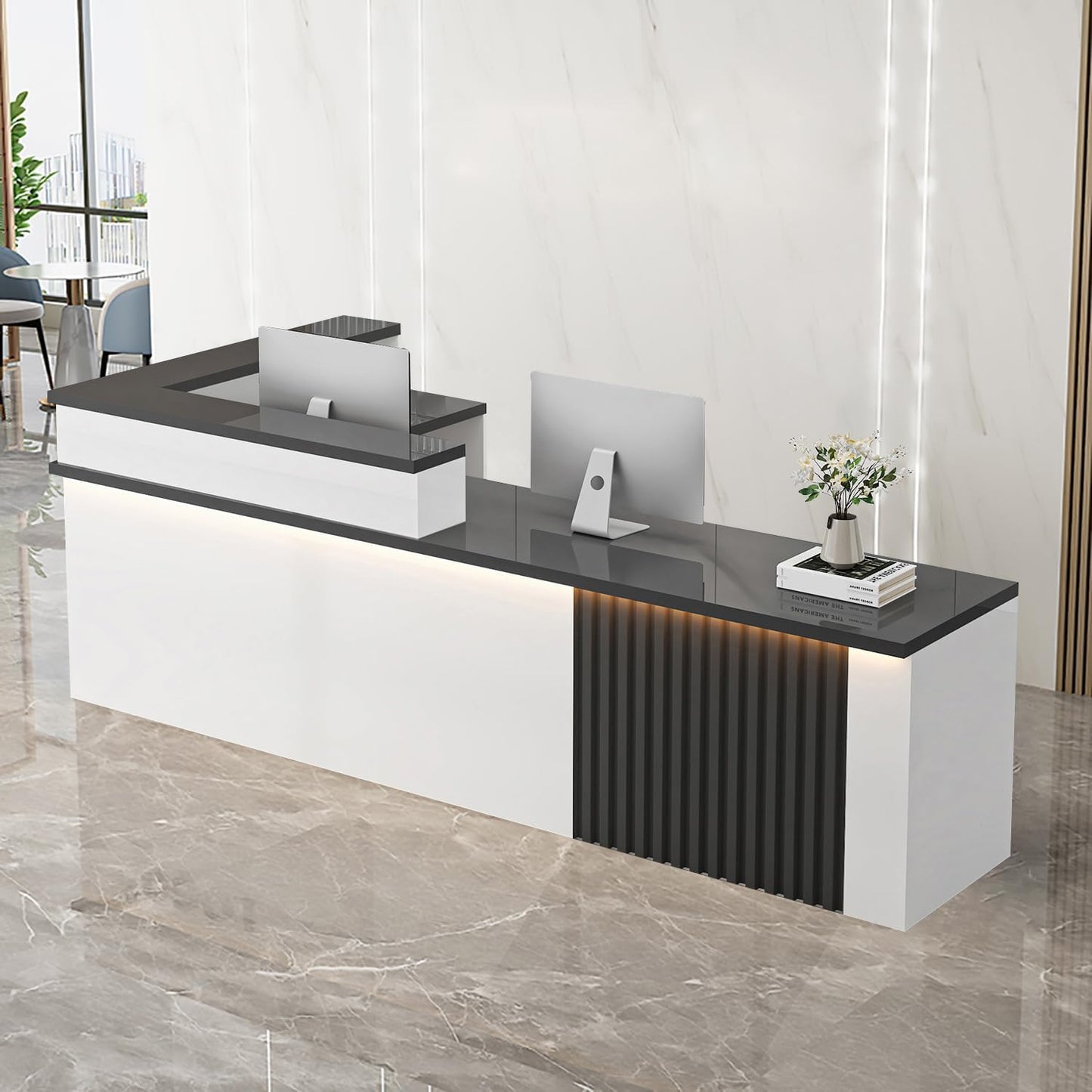 Receptionist Desk with LED Light，Wooden Salon Checkout Counter with Storage Drawer & Keyboard Tray Modern L-Shaped Reception Desk for Barbershop Office Company Store