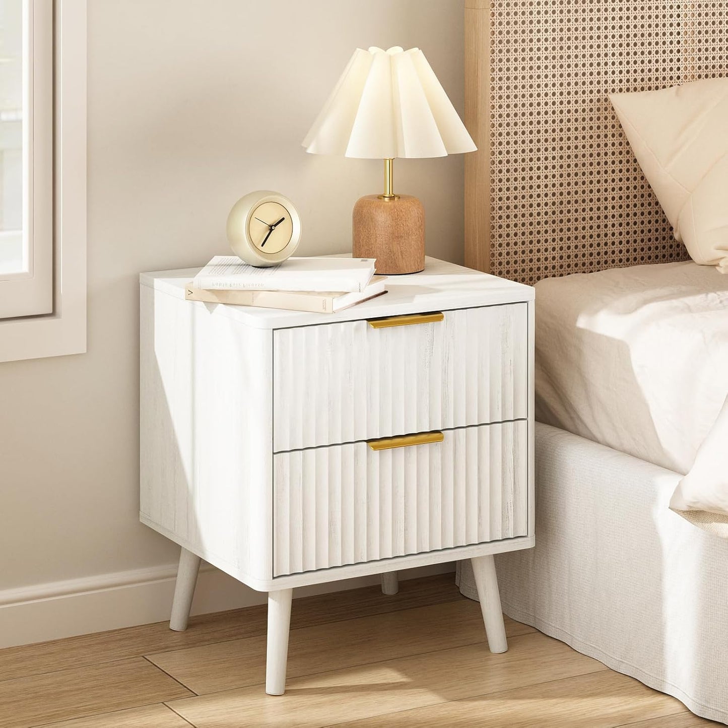 CARPETNAL Fluted Nightstand, White Bedside Table with 2 Drawers and Gold Handles, Wood End Table Mid Century Night Stands for Bedroom Living Room