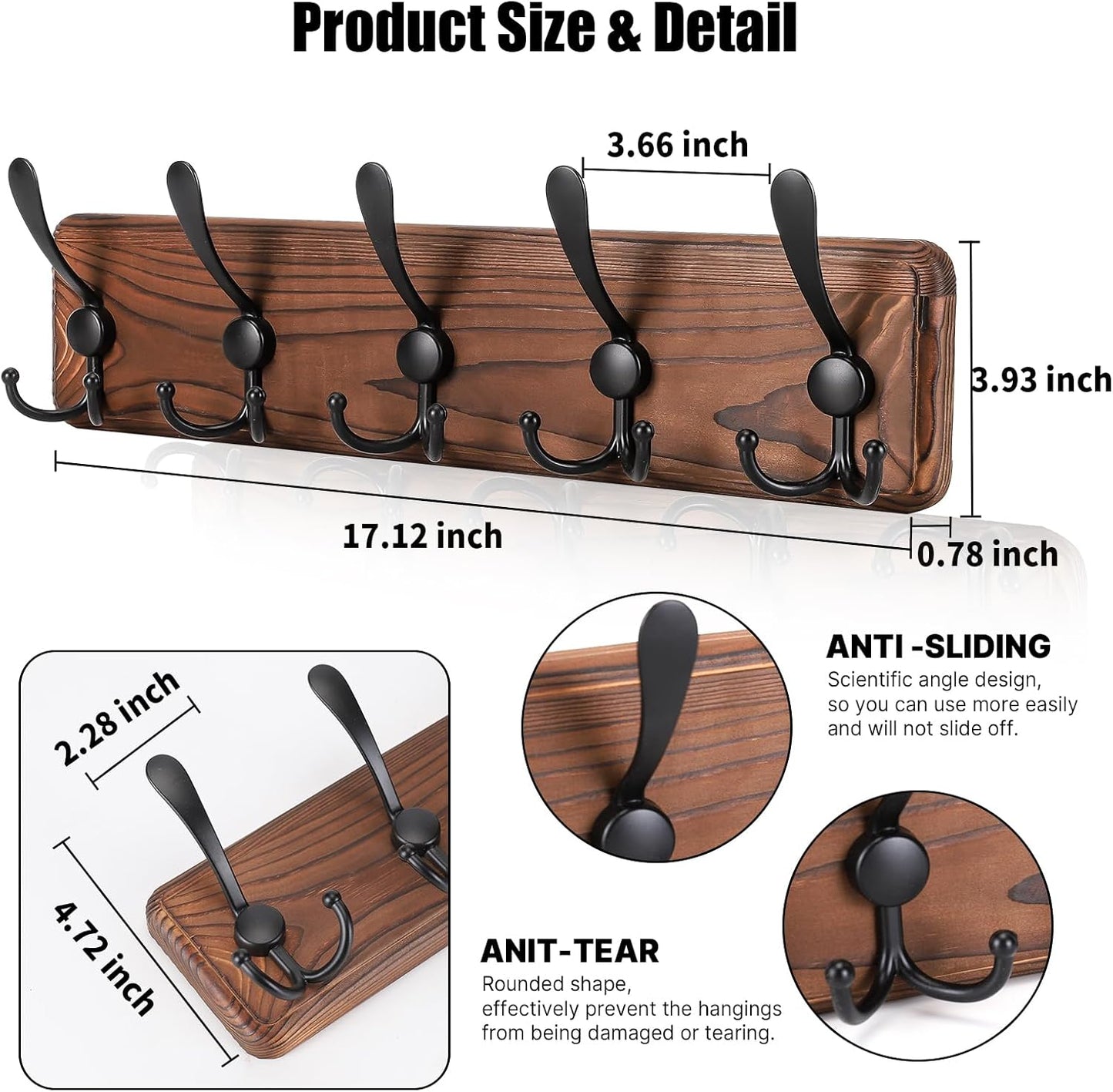 Kruodop Large Coat Rack Wall Mount Coat Hooks Coat Hanger with 5 Metal Black Triple- Hooks Brown Pine Real Wood Plank Hat Rack for Wall Hooks for Hanging Coat Hat Jacket