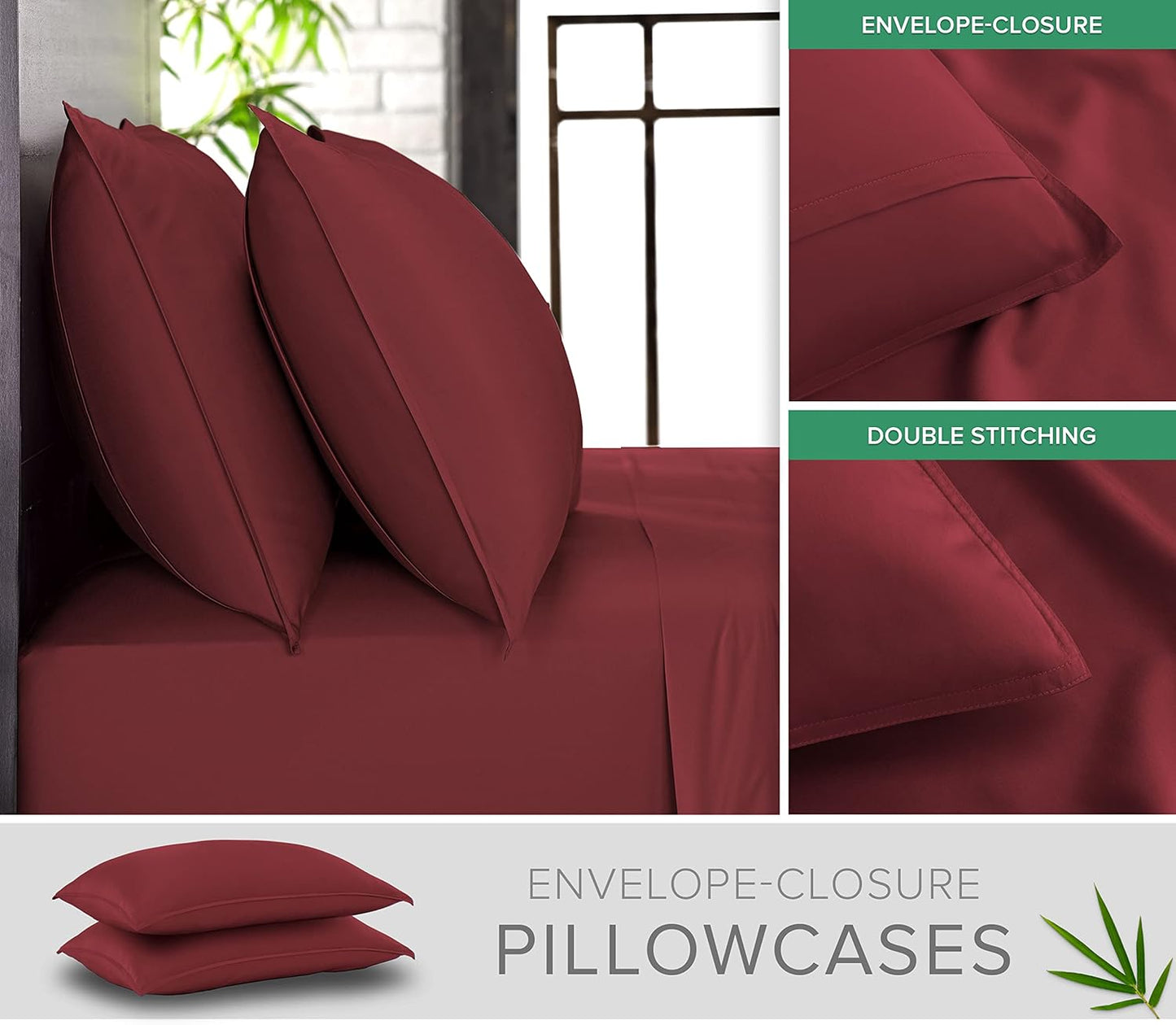Queen Pillowcases by Pure Bamboo, Genuine 100% Organic Viscose Derived from Bamboo, Luxuriously Soft & Cooling, Double Stitching, Envelope Closure (2 Queen Pillowcases, Merlot)