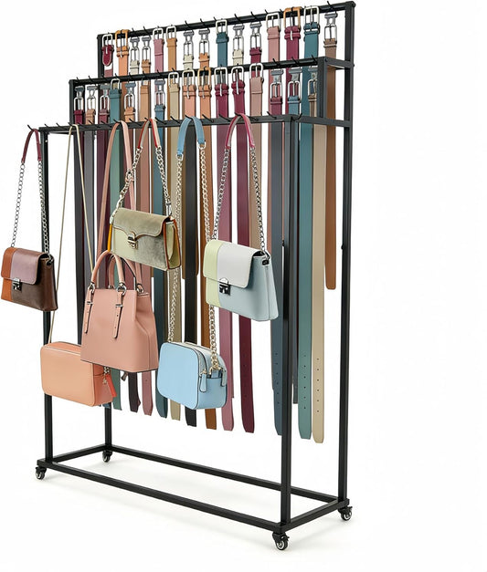 Belt Rack, 3-Tier Belt Organizer with 42 Hooks & Wheels, Tie Rack & Bag Rack for Retail Display, Multi-Layer Belt Hanger & Tie Hanger for Store (Black)