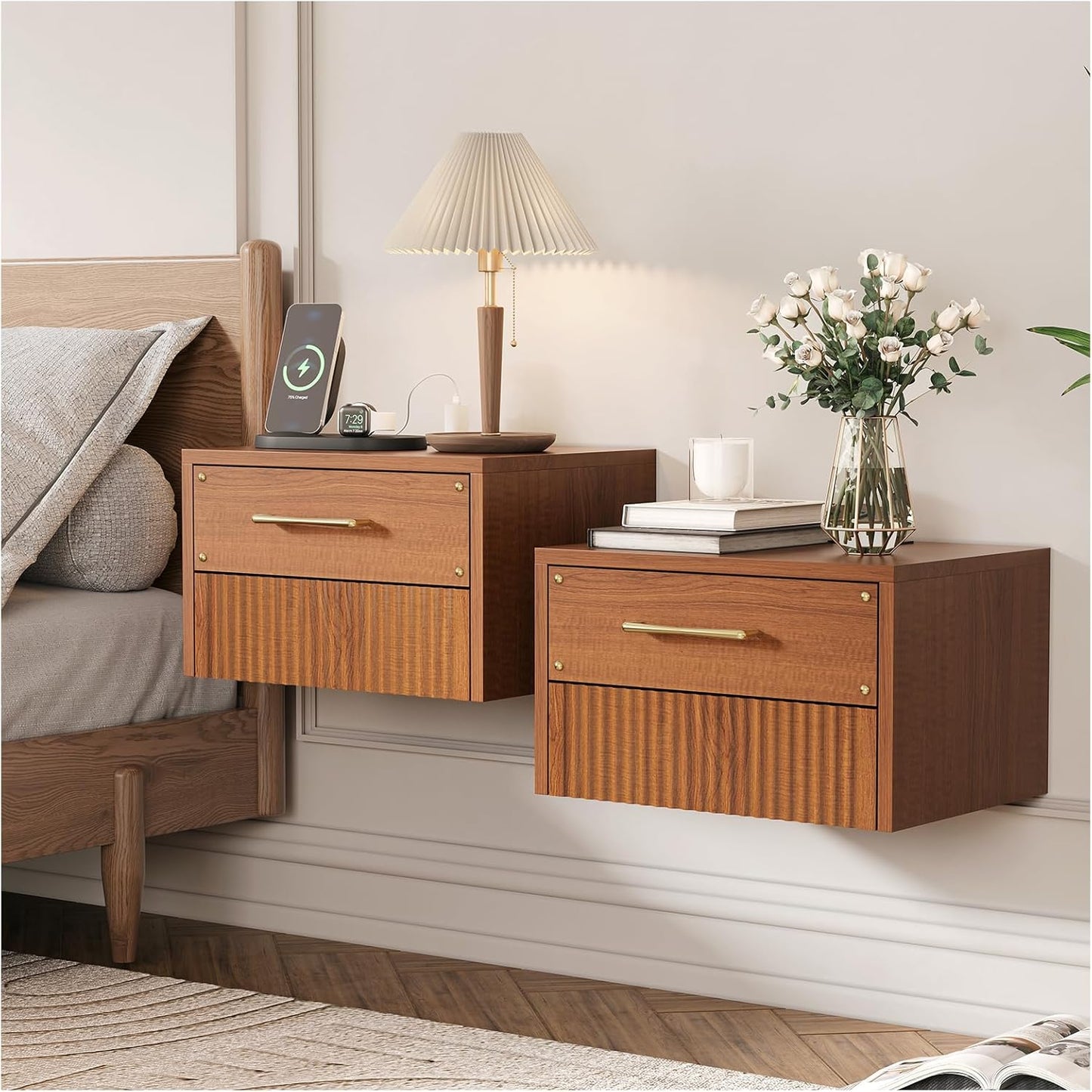 Floating Nightstand Set of 2, Mid Century Modern Wall Mounted Bedside Table with Charging Station, Fluted End Table with Storage Drawers for Bedroom, Home Small Space, Cherry, 2 PCS
