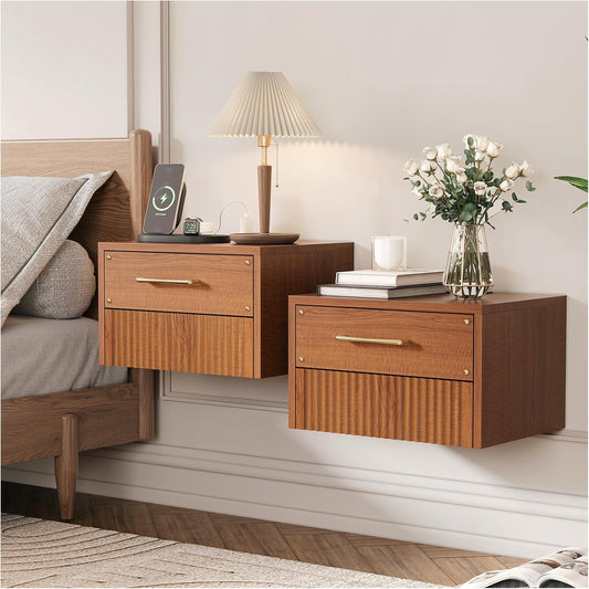 Floating Nightstand Set of 2, Mid Century Modern Wall Mounted Bedside Table with Charging Station, Fluted End Table with Storage Drawers for Bedroom, Home Small Space, Cherry, 2 PCS