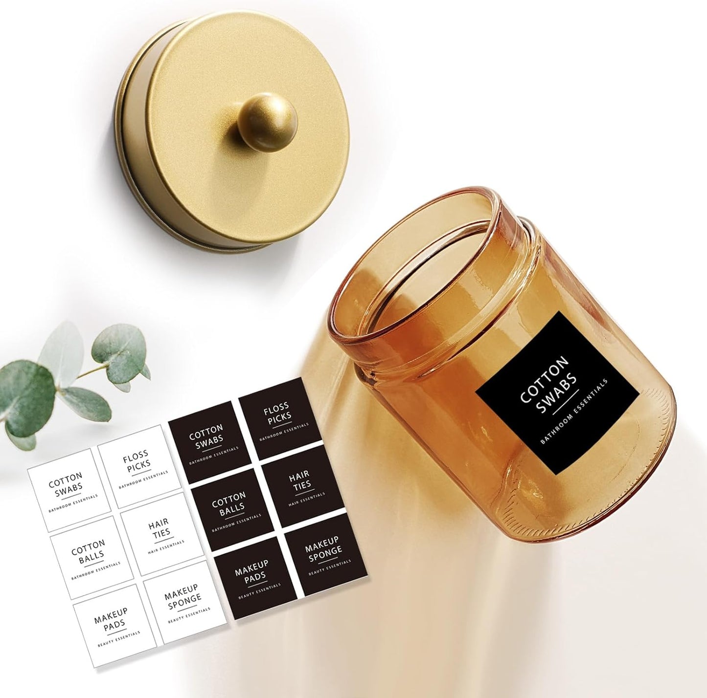 Amolliar Bronze Glass Apothecary Jar With Metal Lid & Stickers, Bathroom Qtip Dispenser Storage Canister, Perfect for Cotton Balls, Cotton Swabs, Makeup Pads, Bath Salt, Floss, 1 Pack(Gold)