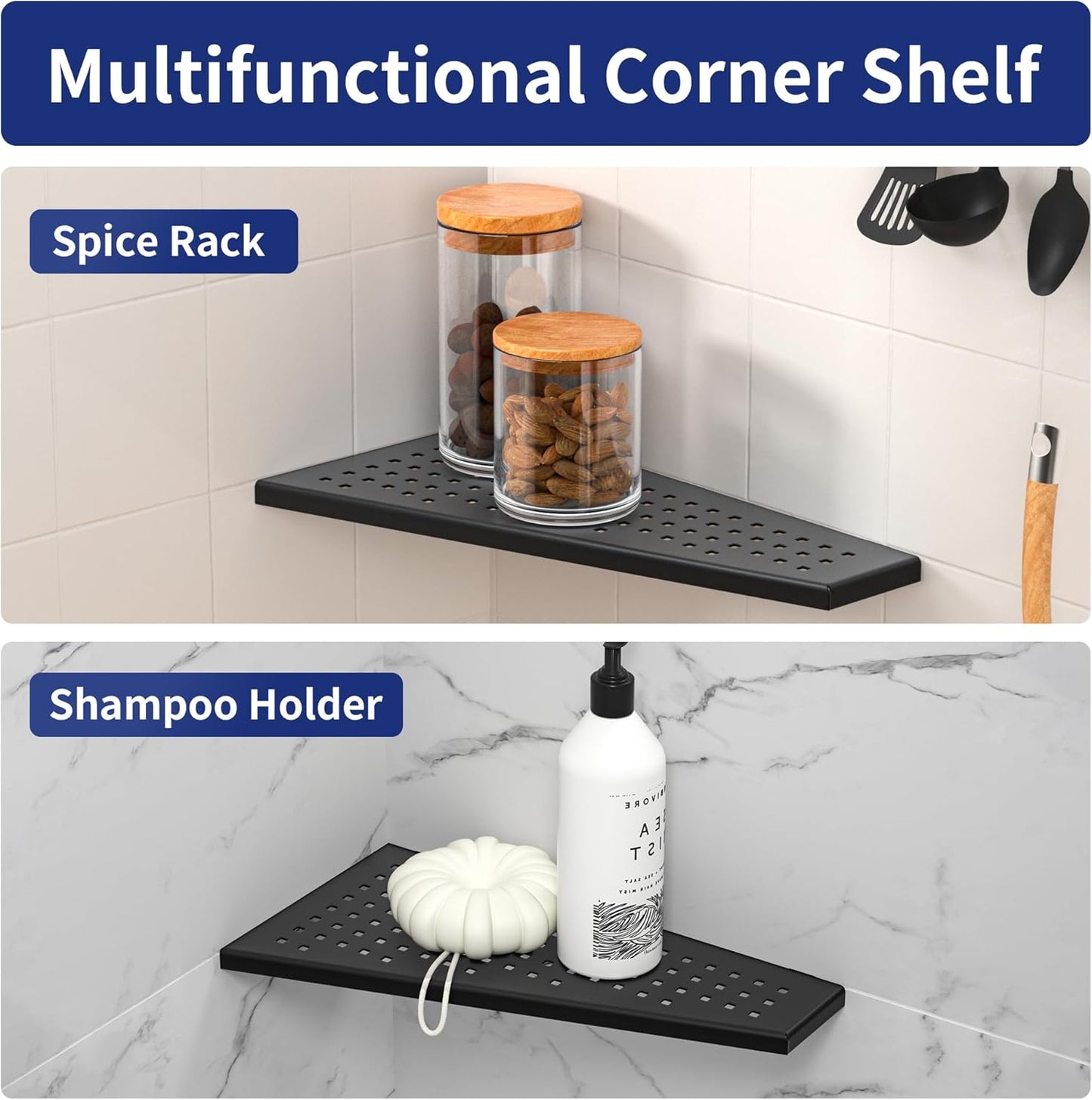 Corner Shower Shelf, Matte Black 12" Trapezoid Grout in Shampoo Shelf, 304 Stainless Steel Grid Design Recessed Bathroom Shelf for Tiled Wall