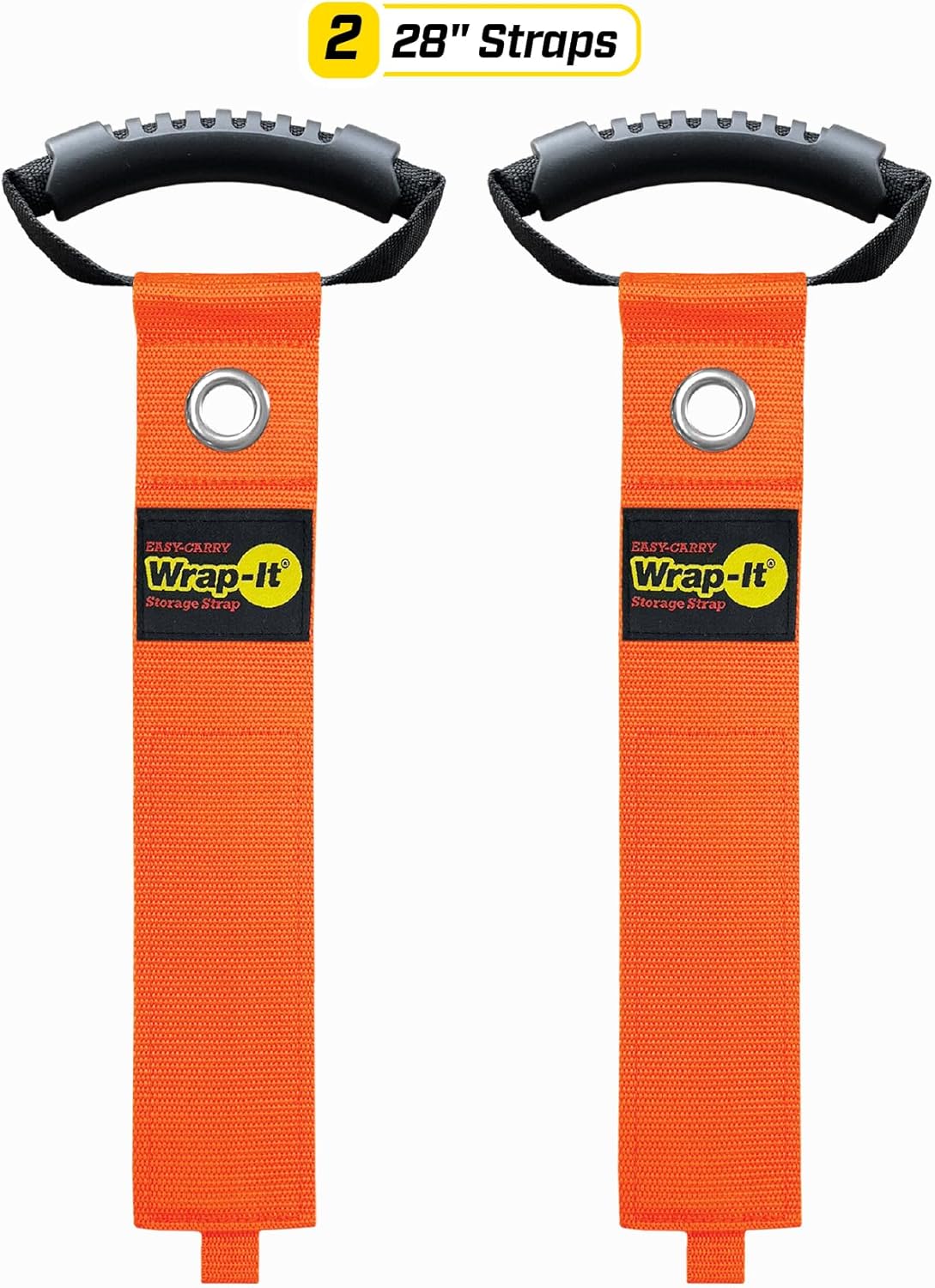 Easy-Carry Wrap-It Storage Straps - 28” (2-Pack) Blaze Orange with Grommet - Heavy Duty Wrap It Storage Straps and Extension Cord Wrap for Water Hose Storage