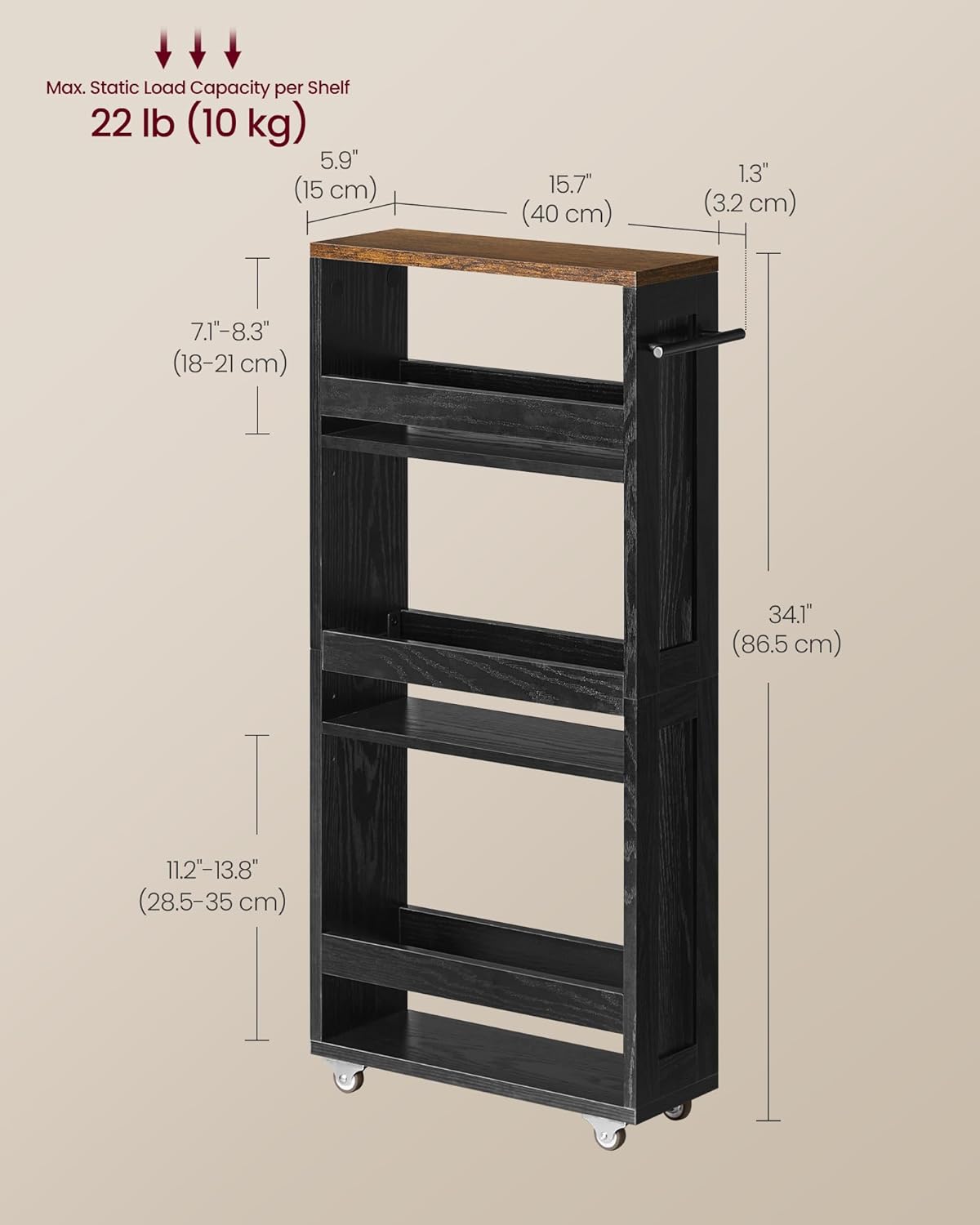 VASAGLE 4-Tier Slide-Out Storage Cart, Slim Kitchen Cart for Small Spaces, with Wheels, Handle, Bathroom, Laundry Room, 5.9 x 17 x 34.1 Inches, Ebony Black and Rustic Brown ULRC050K02