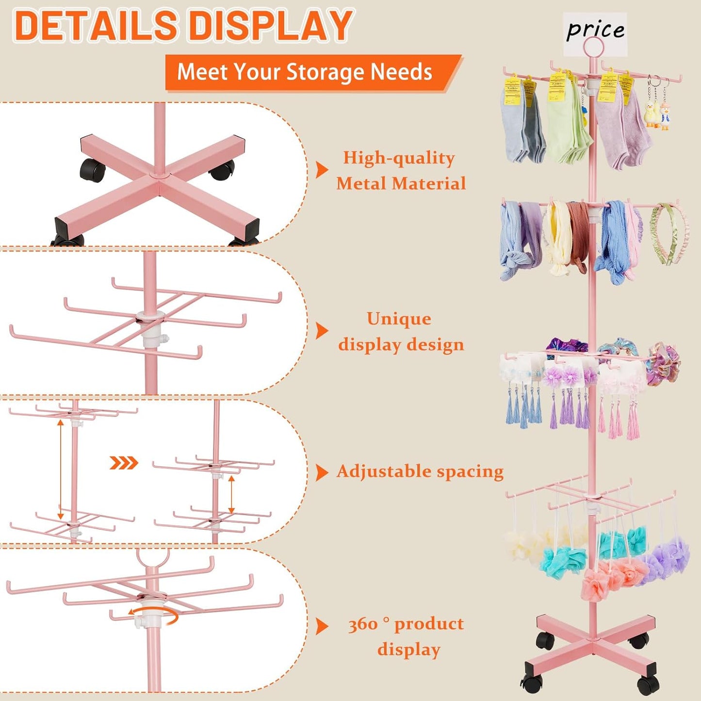 Retail Display Stand Rotating Display Stand 4 Tier Spinning Display Stand for Craft Shows, Jewelry, Keychain, Earring Adjustable Height Retail Display Racks (Pink)