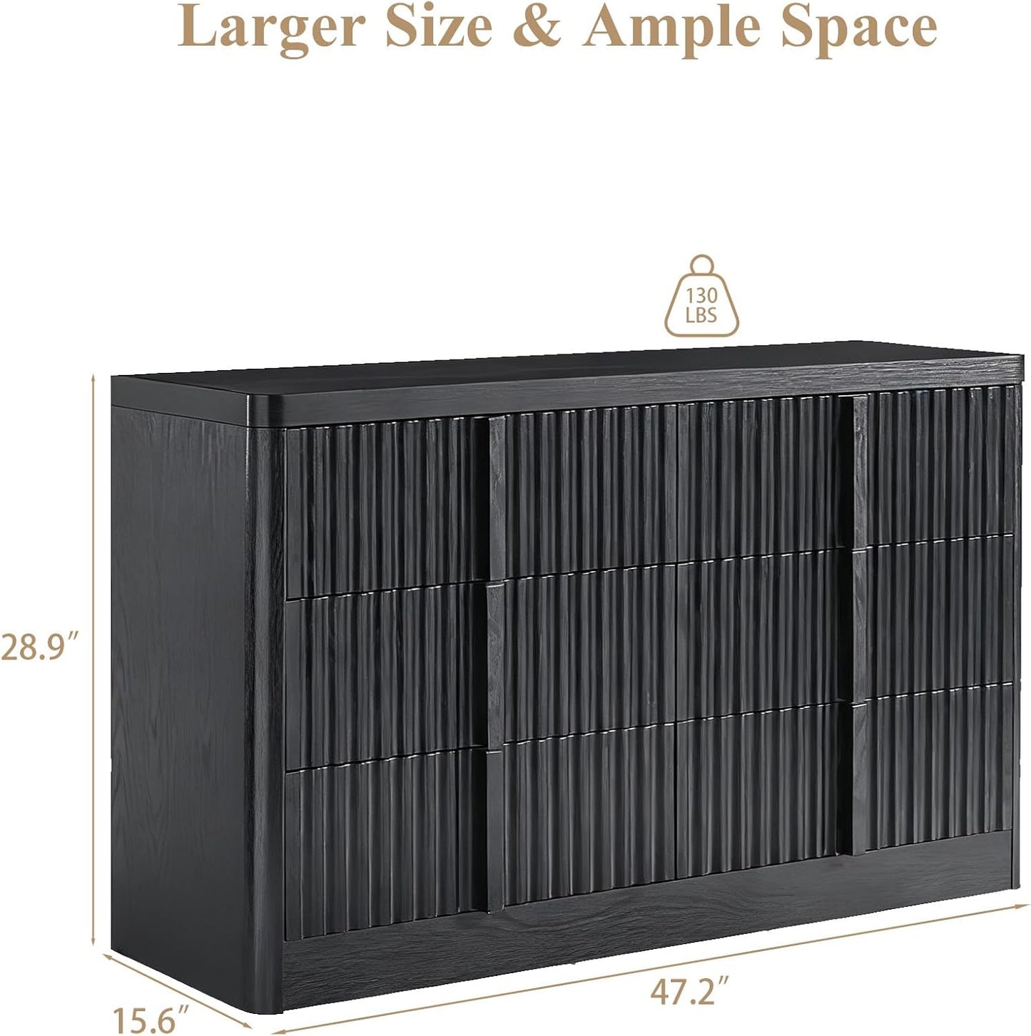 Black Fluted Dresser for Bedroom, 47" Wide 6 Drawer Dresser, Modern TV Stand Set, Curved Profile Design, Chest of Drawers with Solid Wood Handle for Living Room, Bedroom, Hallway
