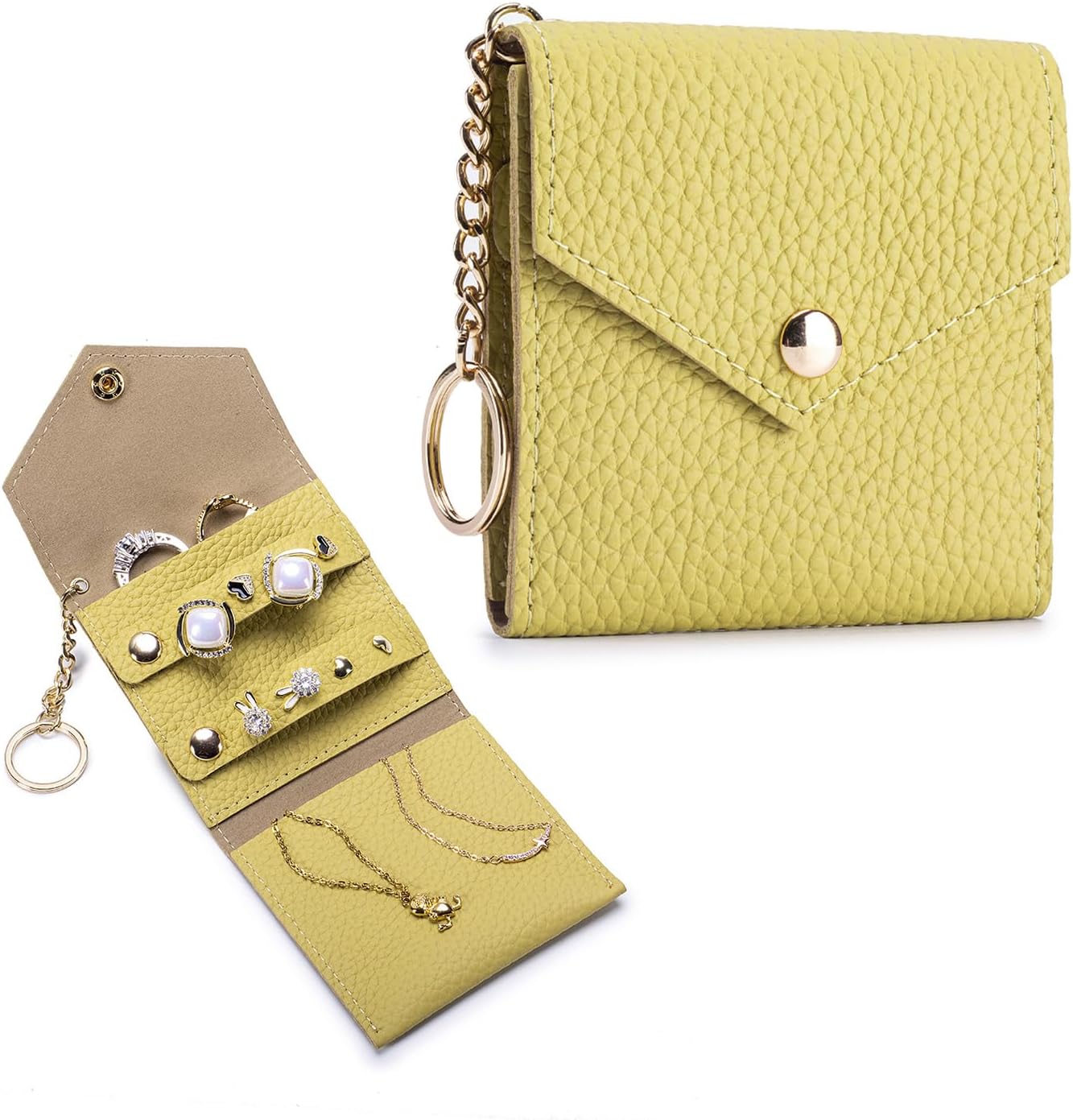 Small Travel Jewelry Organizer Case for Women, Genuine Leather Mini Jewelry Roll with Keychain, Portable Earring Ring Necklace Storage Pouch for Short Trips & Daily Use (Lemon Yellow)