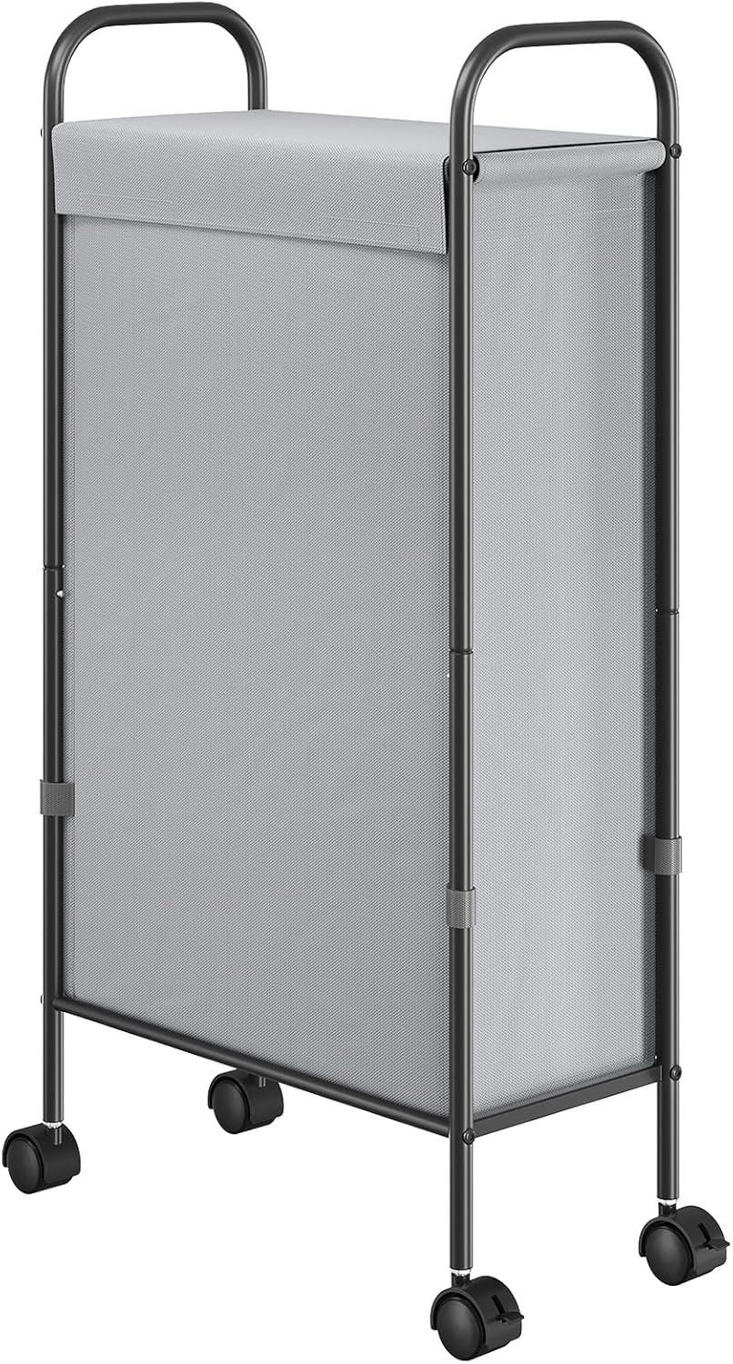 ELYKEN Slim Laundry Hamper with Lid, 50L Small Rolling Laundry Basket on Wheels, 7.9” Narrow Dirty Cloth Cart with Removable Inner Bag for Small Bathroom, Bedroom, Grey