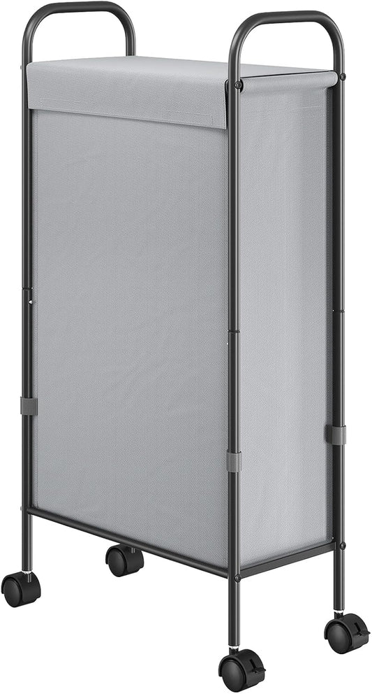 ELYKEN Slim Laundry Hamper with Lid, 50L Small Rolling Laundry Basket on Wheels, 7.9” Narrow Dirty Cloth Cart with Removable Inner Bag for Small Bathroom, Bedroom, Grey