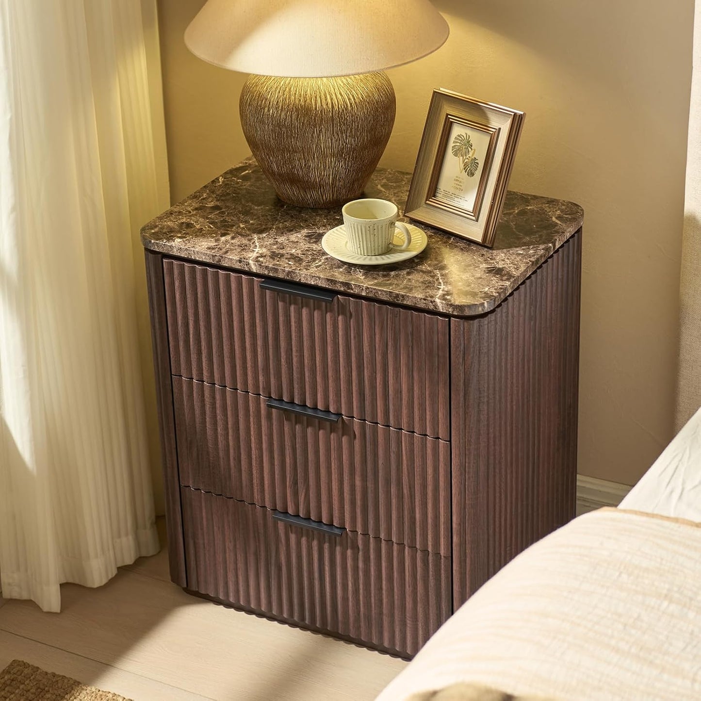 Fluted Nightstand Set of 2, Engineered Wood Bedside Table with 3 Drawers, Modern End Table with Faux Marble-Top, Curved Corners, Metal Handle, Large Night Stand for Bedroom, Office, Closet, Dark Oak