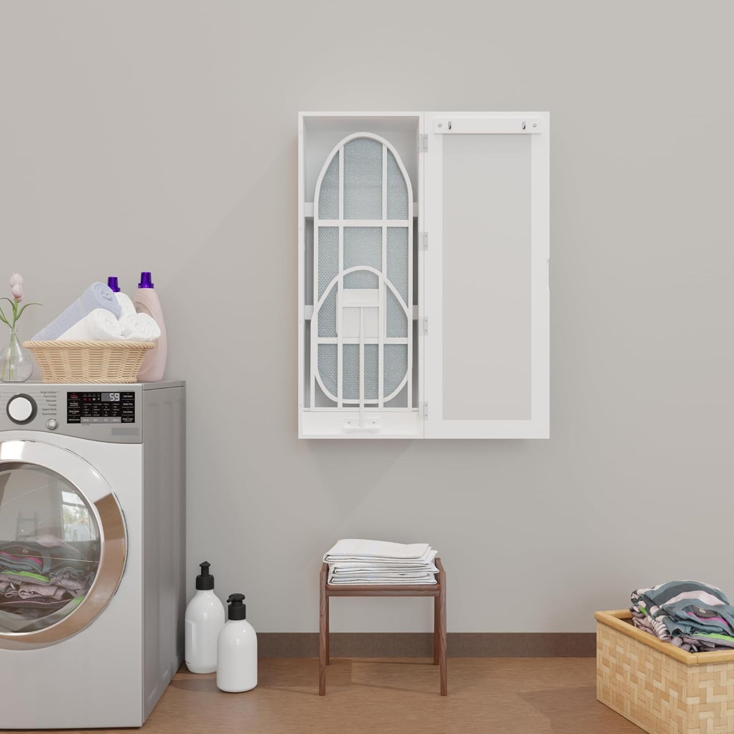Wall Mount Ironing Board Cabinet, Built in Swivel Ironing Board Folding with Storage & Mirrored Door, White