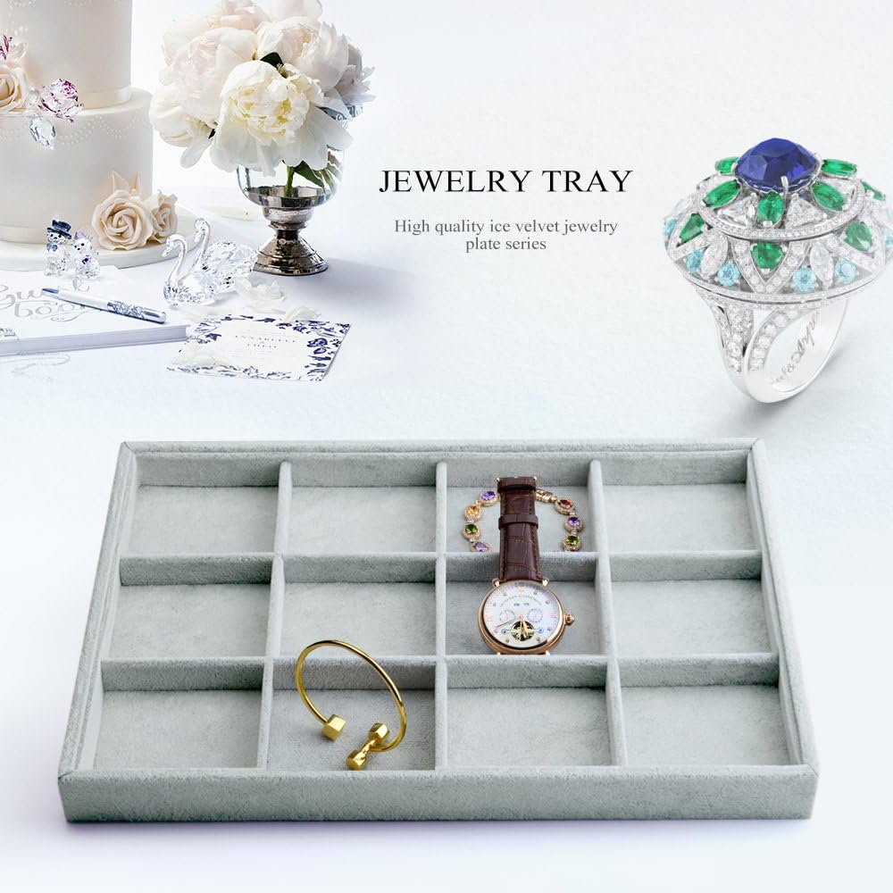 Oirlv Velvet Stackable Jewelry Display Trays 12 Grids Rings Earrings Bracelet Organizer Storage Tray(13.8"x1.29"x9.4")
