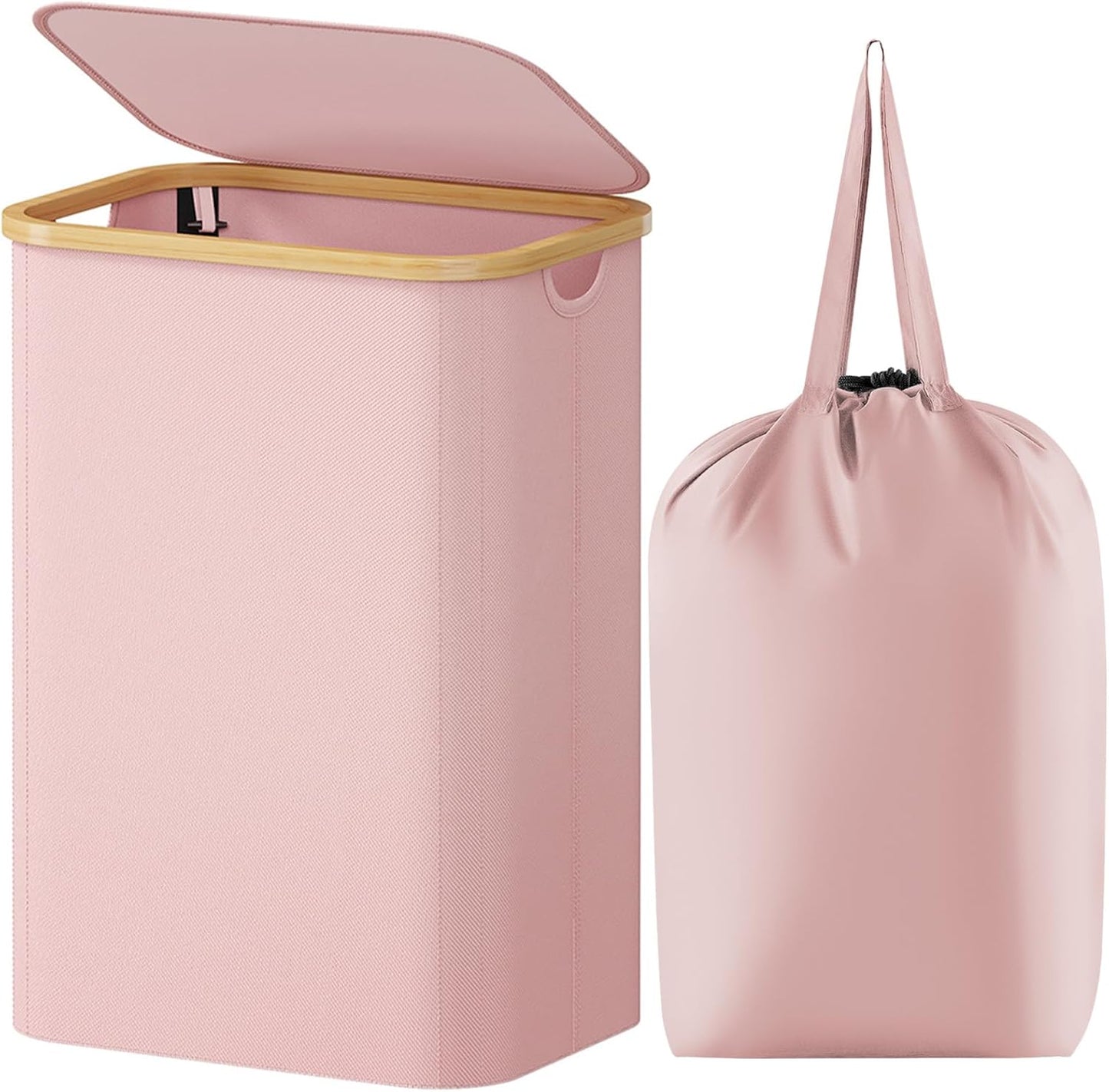 Lifewit 80L Laundry Basket with Lid, Clothes Hampers for Laundry with Bamboo Handles and A Removable Bag, Large Foldable Laundry Hamper for Bedroom, Bathroom, Dorm, Laundry Room, Pink