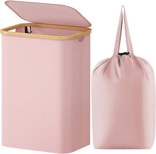 Lifewit 80L Laundry Basket with Lid, Clothes Hampers for Laundry with Bamboo Handles and A Removable Bag, Large Foldable Laundry Hamper for Bedroom, Bathroom, Dorm, Laundry Room, Pink