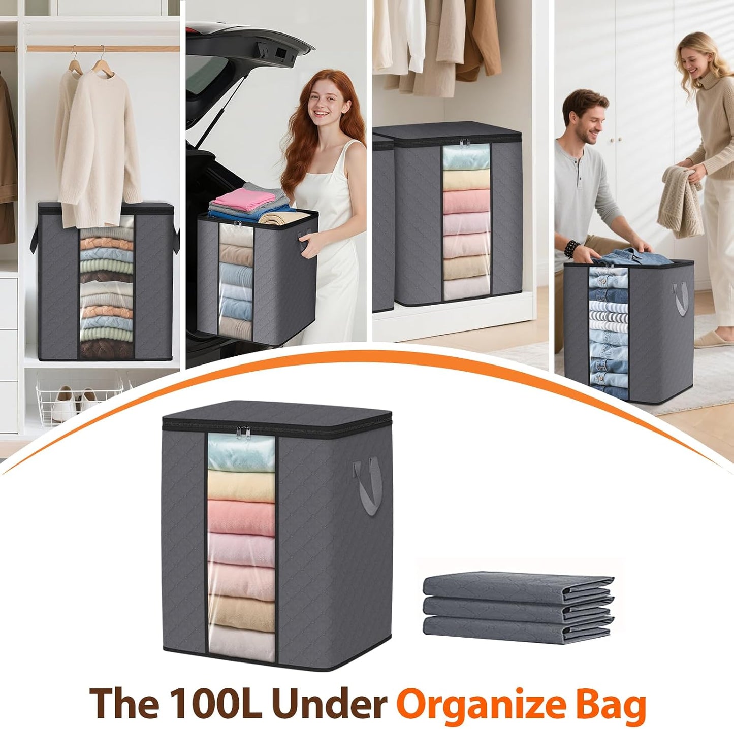 SpaceWhisper 3 Pack 100L Clothes Storage, Foldable Thick Fabric Blanket Storage Bags, Containers for Organizing Bedroom, Closet, Clothing, Comforter,Closet Organization with Handle,Grey