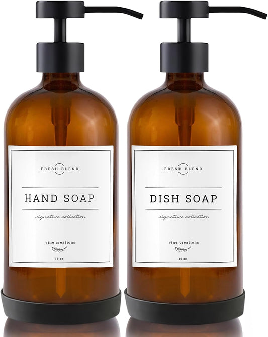 Vine Creations Amber Glass Soap Dispenser Set - Kitchen Soap Dispenser Set with Stainless Steel Pump - 16 oz Dish Soap and Hand Soap Dispensers for Bathroom with Silicone Pad & Waterproof Labels