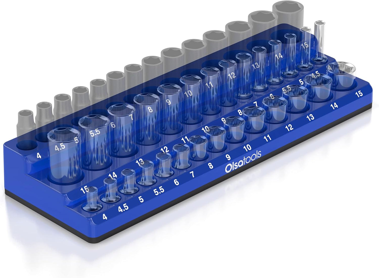 Olsa Tools Magnetic Socket Organizer (1/4-Inch Drive, 3 Row) - Magnetic Tool Organizer & Holder - Metric Blue - Holds 42 Sockets - Professional Grade - Part: 1554
