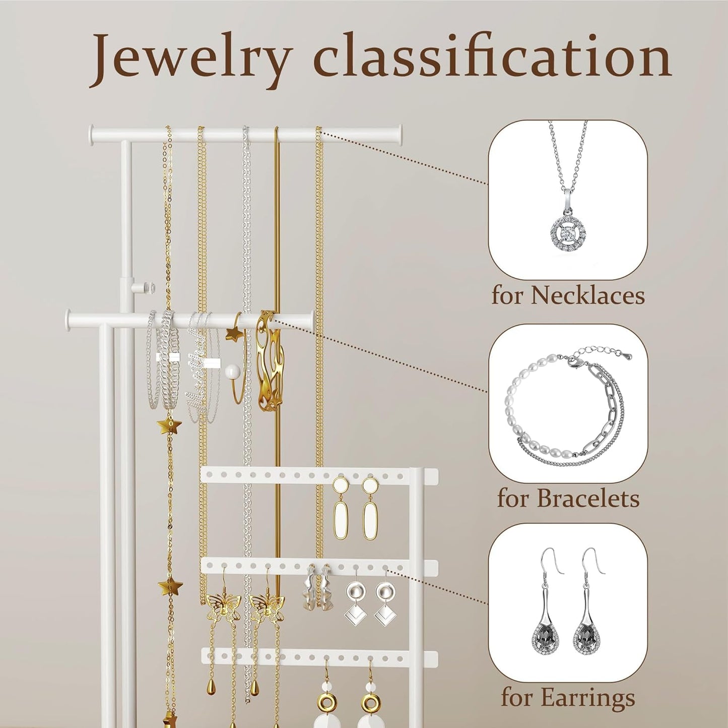 Jewelry Holder Organizer Stand - Adjustable Tall 17.5" (Max), Sturdy Jewelry Hanger for Necklaces, Earrings, Bracelets, Rings, Jewlery Display and Storage, White, Metal