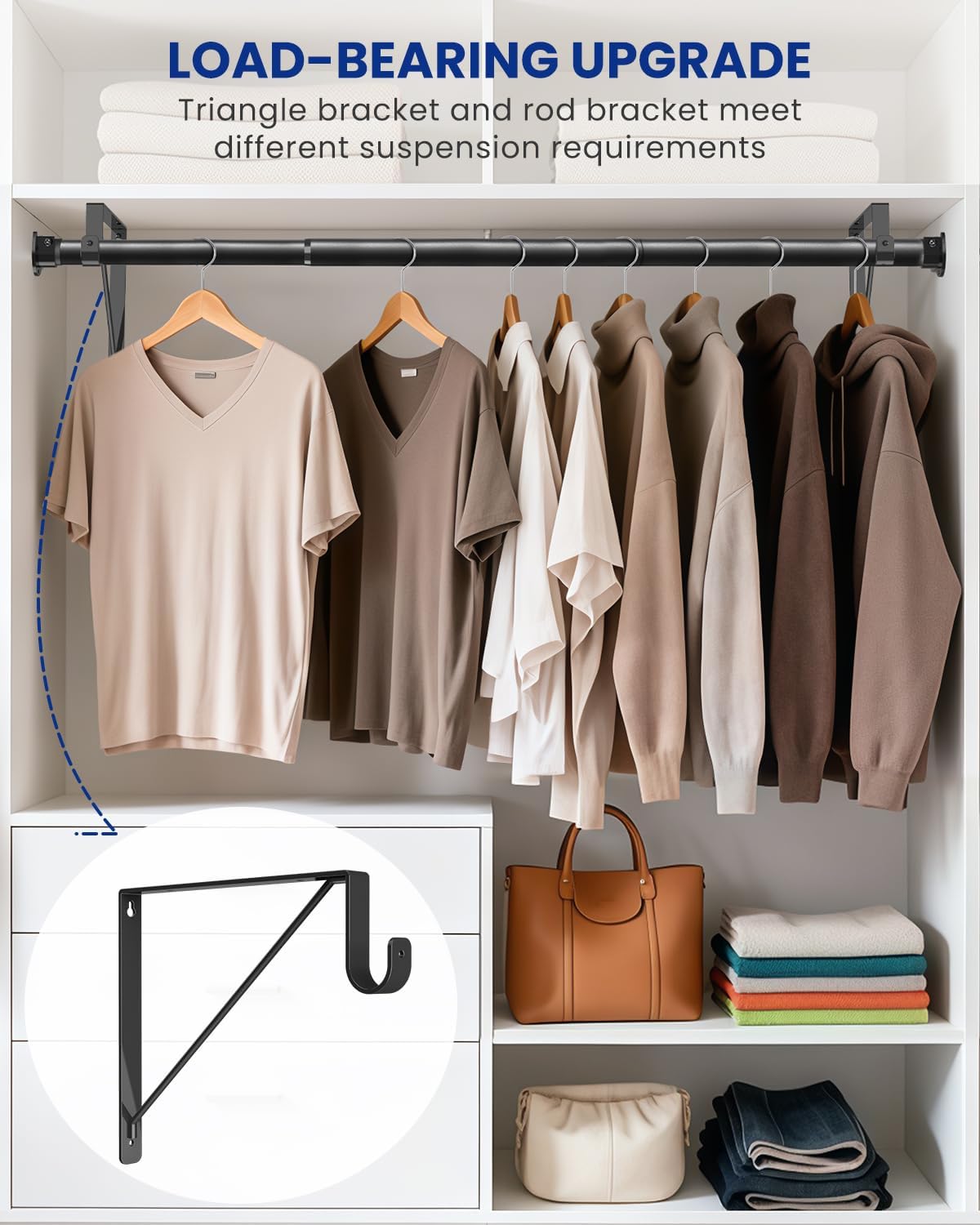 Closet Rods for Hanging Clothes with Triangular Brackets, 17 to 69 Inches Stepless Adjustable Closet Rod, 1.3 Inch Heavy Duty Closet Rod for Closet Wardrobe Laundry RV (Without Board/Black)