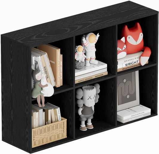 Book Shelf, Wooden Cube Storage Organizer with 11" Open Cubes, Stackable Modular Bookcase for Room Divider Storage, 2 Tier Bookshelf for Living Room, Bedroom, Office (Black, 6-Cube)