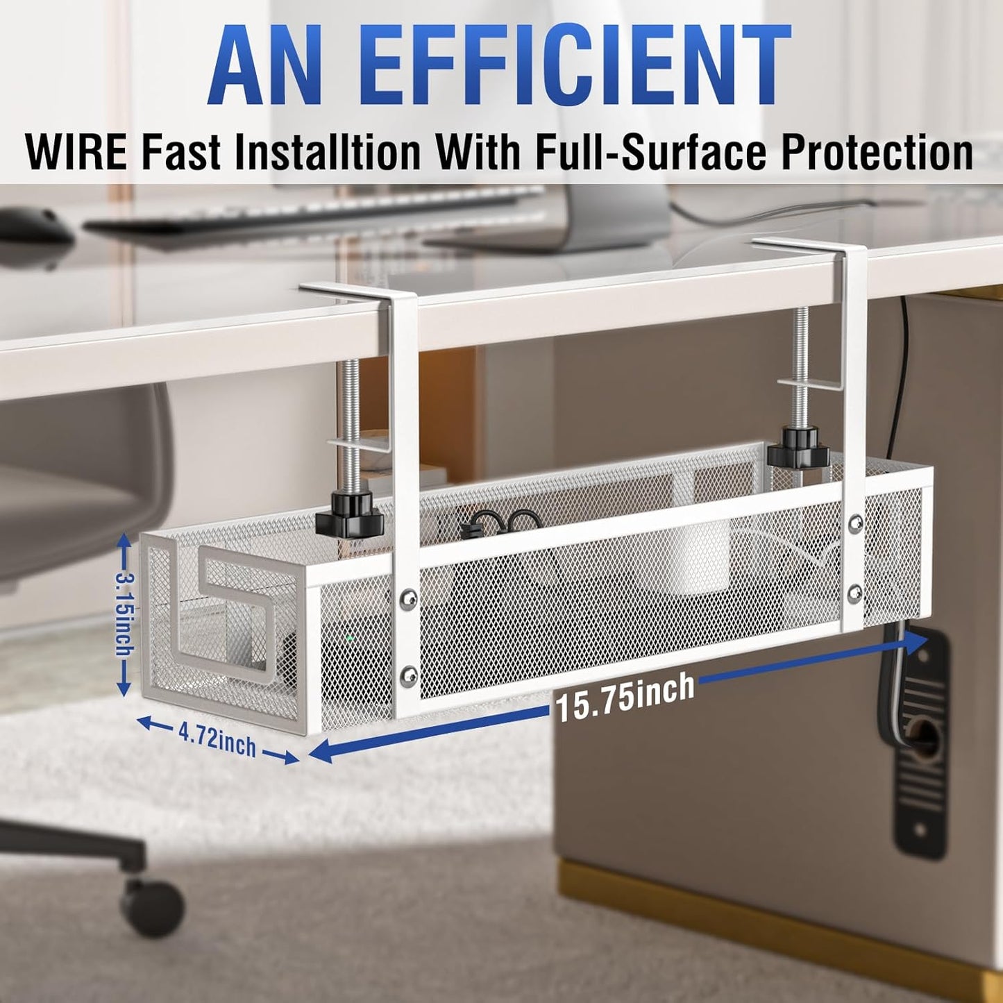 Under Desk Cable Management Tray - GZOKMOG No Drill Cord Organizer with Clamp, Reinforced Metal Mesh Workspace Organizers for Wire, Office Desk Accessories, 1 Pack White, 15.75 inch