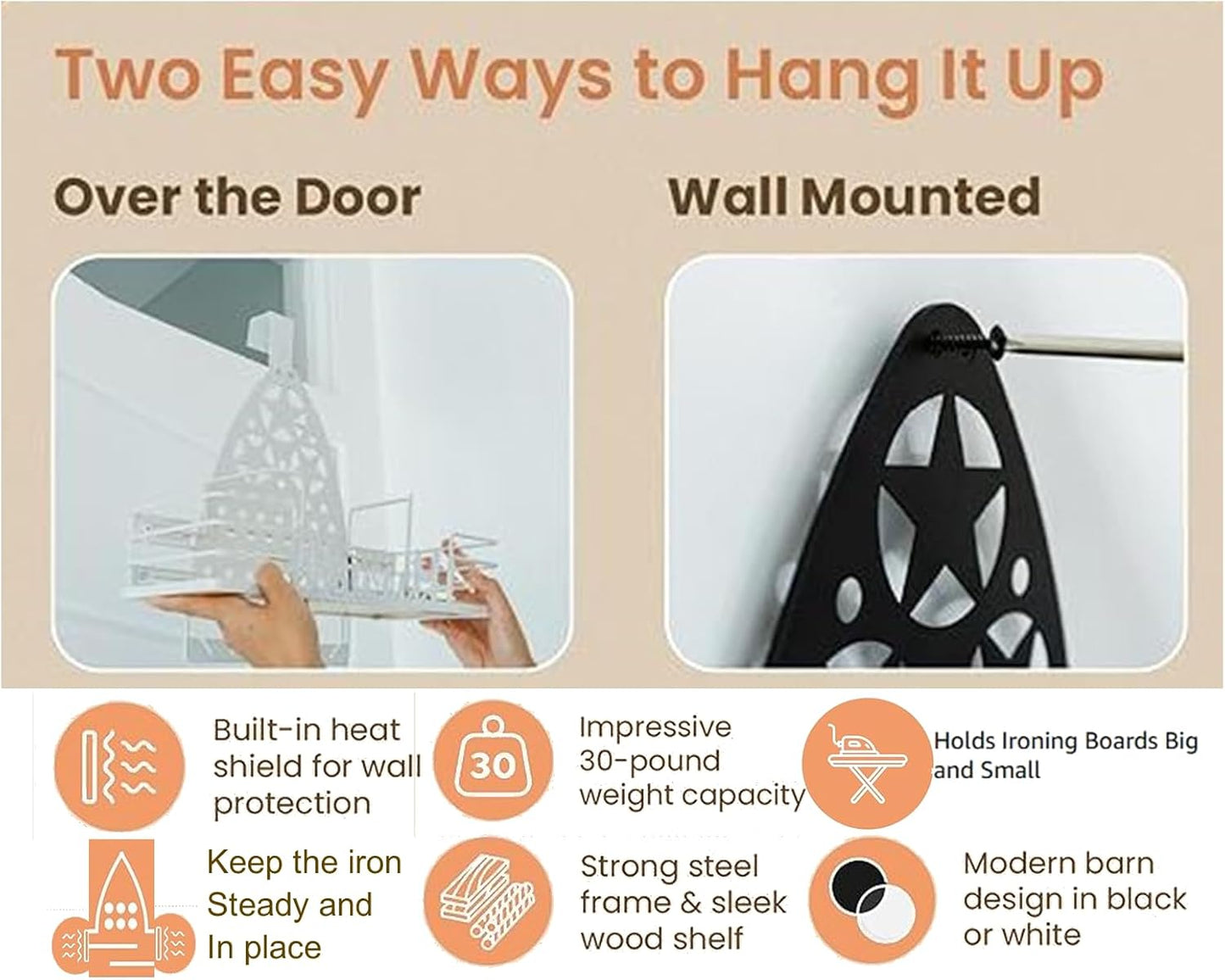 Farmhouse Ironing Board Hanger Wall Mount or Over the Door - Universal Laundry Room Ironing Board Holder Caddy with Iron Holder Shelf-Adjustable Hooks to Hold Ironing Boards Large & Small - Black
