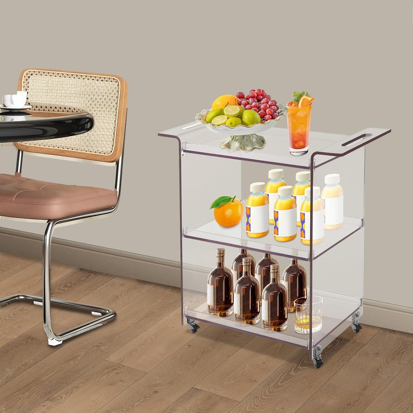 3-Tier Rolling Utility Cart with Wheels, 28×11.8×28.7In PC Rolling Serving Cart, Freestanding Trolley for Homes, Bars, Cafes