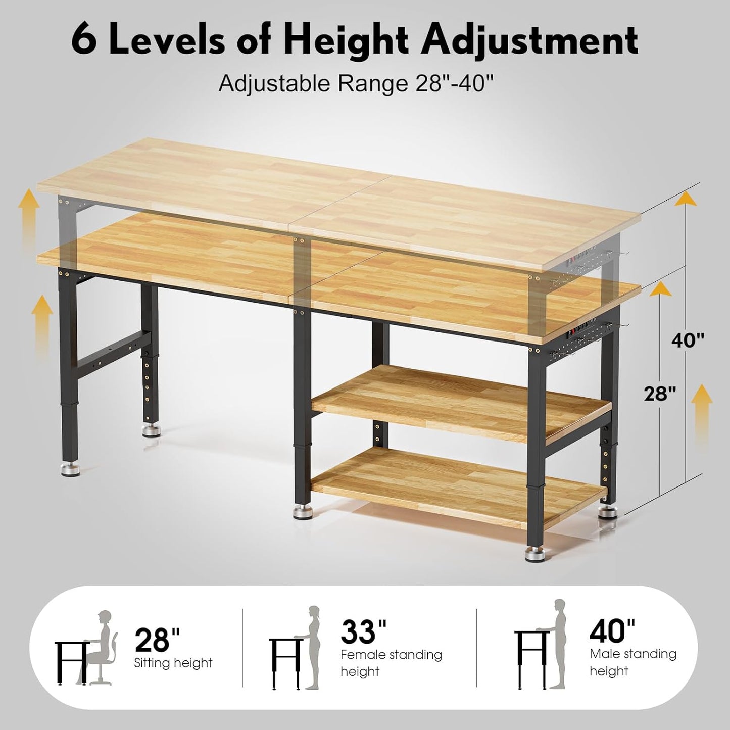 84” Adjustable Work Bench, 2-Layer Heavy Duty Workbench, 6000 LBS Capacity Workbench with Pegboard & Power Outlet, Rubber Wood Work Table for Garage, Office, Workshop, Home