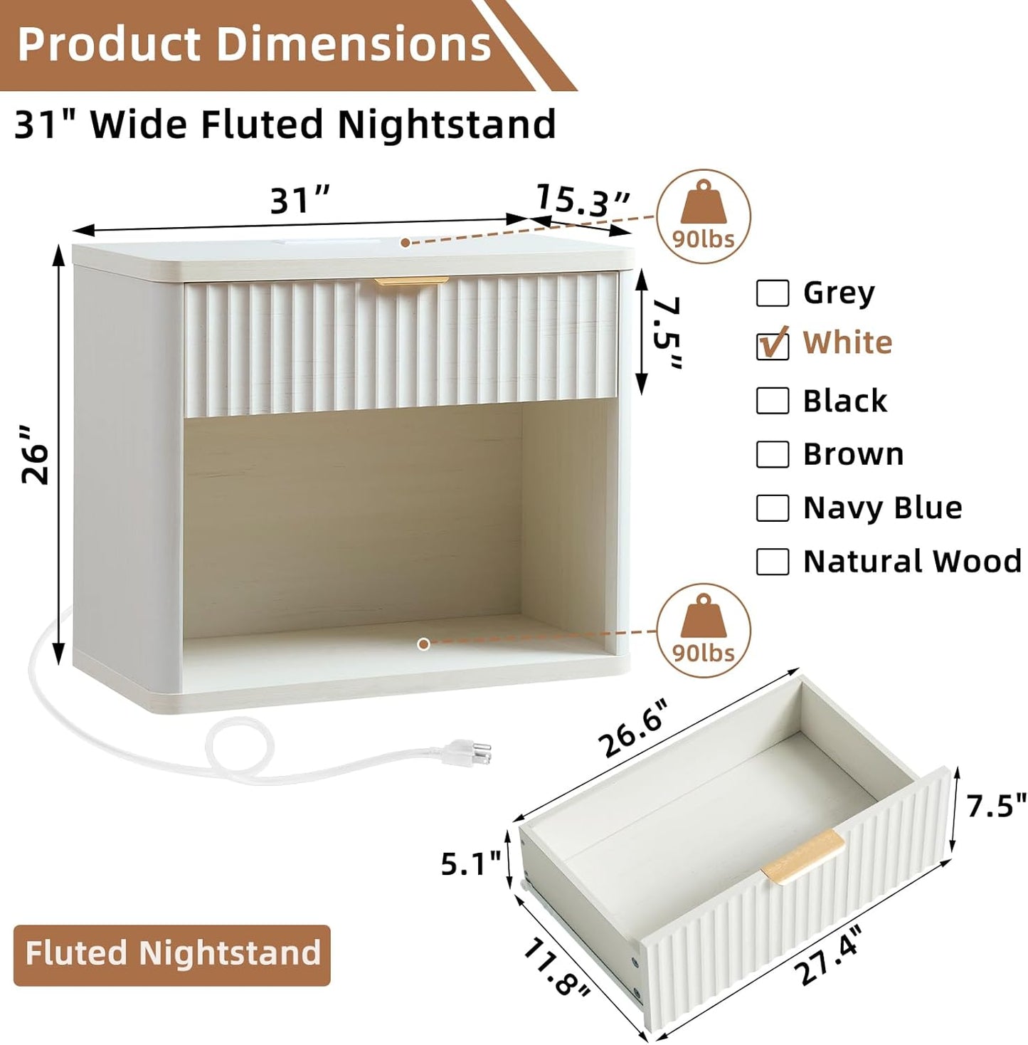 LEYAOYAO 31" Wide Fluted Nightstand Set of 2 with Charging Station, Oversized Extra Large 1 Drawer Night Stand with Golden Handle, White Wood Bedside Table Tall End Tables,for Bedroom, Living Room