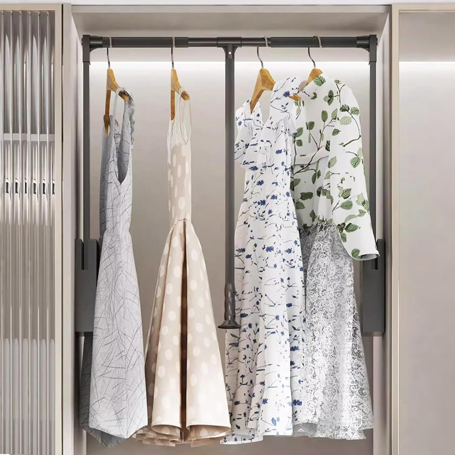 Pull Down Closet Rod for Hanging Clothes, Retractable Wardrobe Hanger for Cabinet Inside Width 21.6"~26", Aluminium alloy Tubing with Plastic Housing, 44 lb Weight Rating