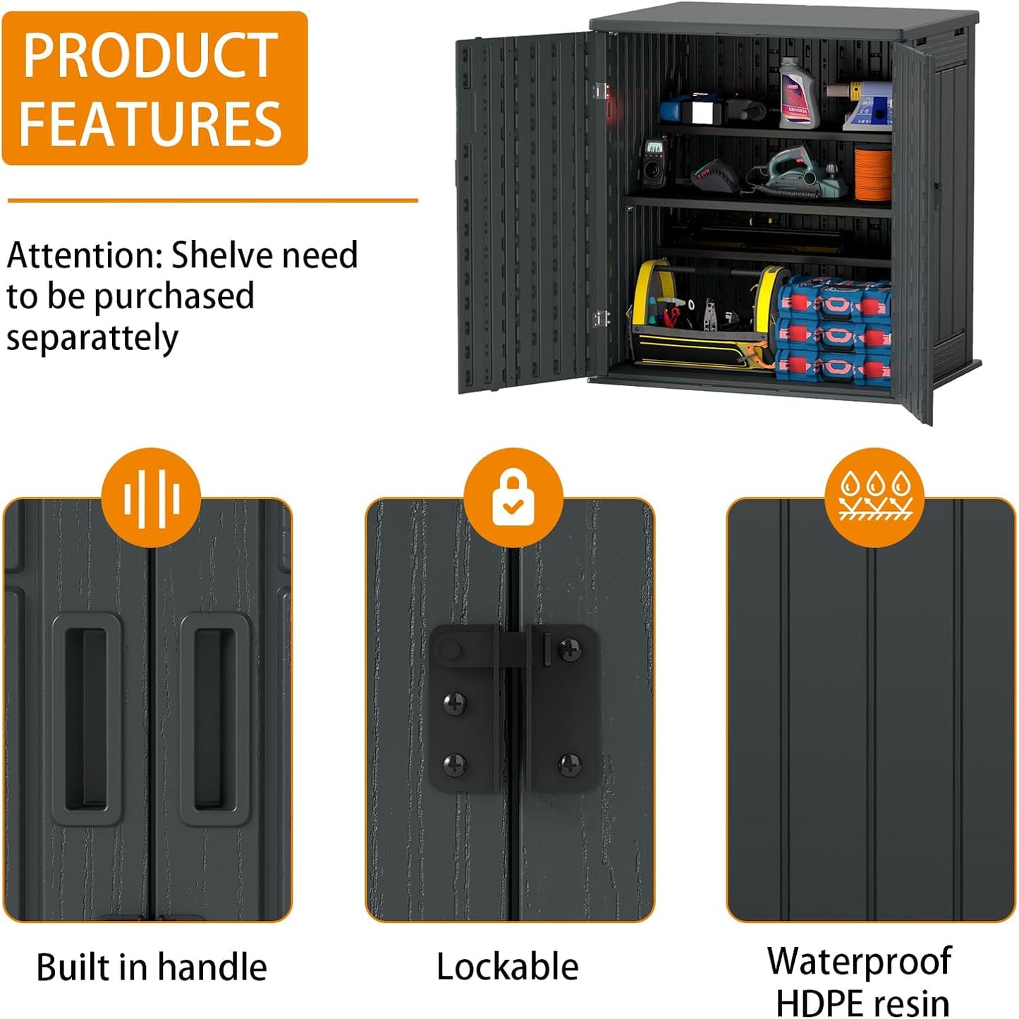 Outdoor Storage Cabinet with 2 Shelves, Waterproof Resin Horizontal Tool Shed, Lockable 15 cuft. Storage Shed for Patio, Garden, Yard, Grey