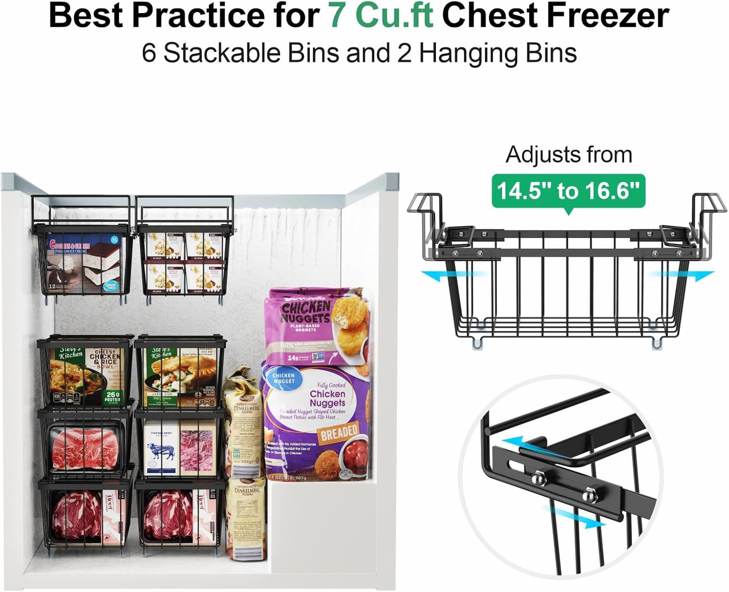 iSPECLE Freezer Organizer Bins - 3 Pcs Small Stackable Baskets & 1 Pcs Hanging Deep Freezer Organizer Bins for 7 Cu.Ft Chest Freezer Easily Gets Bottom Food, Adds Space to Store More Food, Black