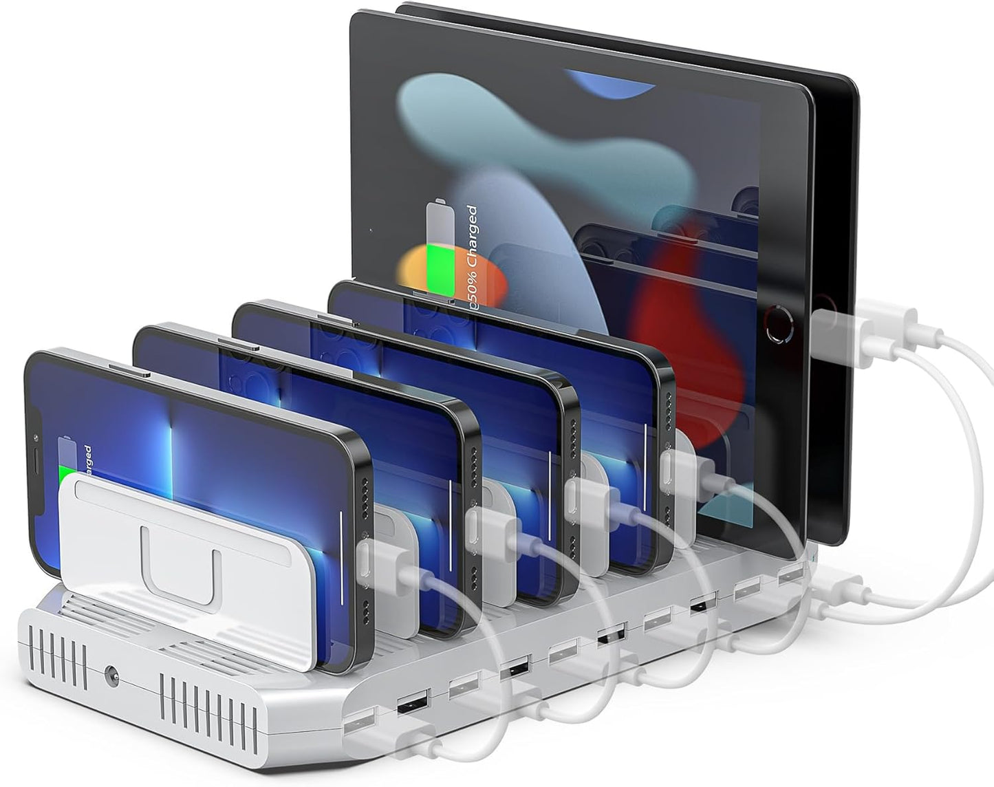 【10PCS】 Unitek Multi Charging Station, 10-Port USB Charger for Multiple Device with SmartIC Tech and Adjustable Dividers, Organizer Stand Compatible with iPad, Tablet, Kindle, iPhone - 10PCS, White