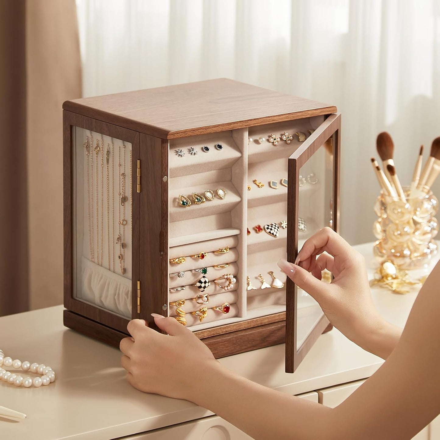 CHOSIN Black Walnut Wooden Jewelry Box, 360° Rotating Organizer with Glass Lid, 5 Drawers for Earrings, Rings, Necklaces – Vertical Jewelry Storage for Women Christmas Gifts