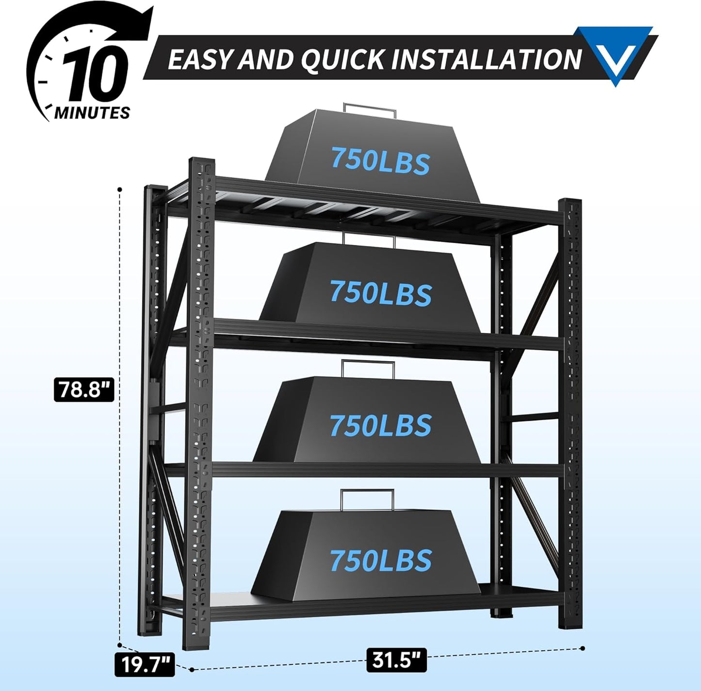 3000LBS Garage Shelving 32" W Garage Shelving Heavy Duty 4-Tier Metal Storage Shelves Adjustable Shelf Unit Storage Rack for Basement Supermarket Warehouse 32" W x 20" D x 78" H Black
