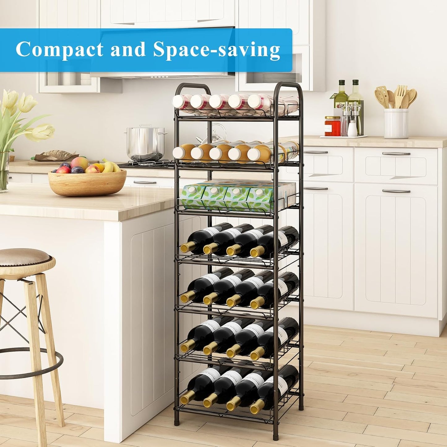 GILLAS 3 5 6 7 8 Tier Water Bottle Storage Rack, Free Standing Vertical Metal,Water Bottle Organizer, Large Capacity Bottled Rack Water Holder Stand for Cabinet Kitchen Party Pantry,Black